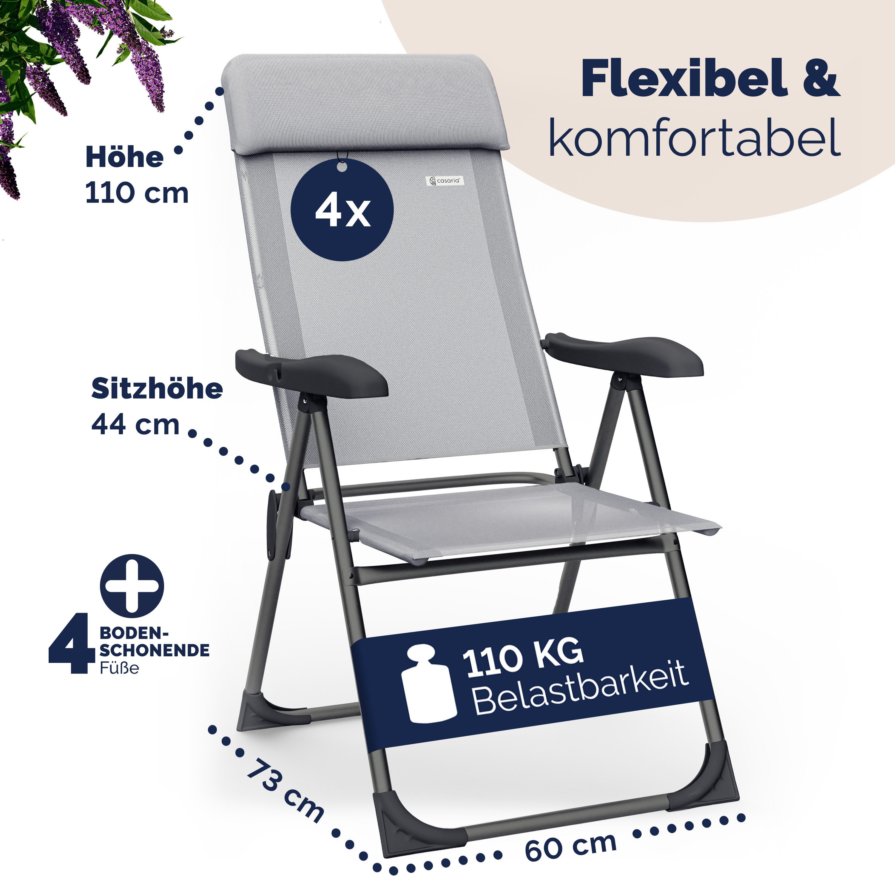 Casaria Gartenstuhl, Klappbar 4er Set 7-fach Verstellbar Alu mit hoher Rückenlehne