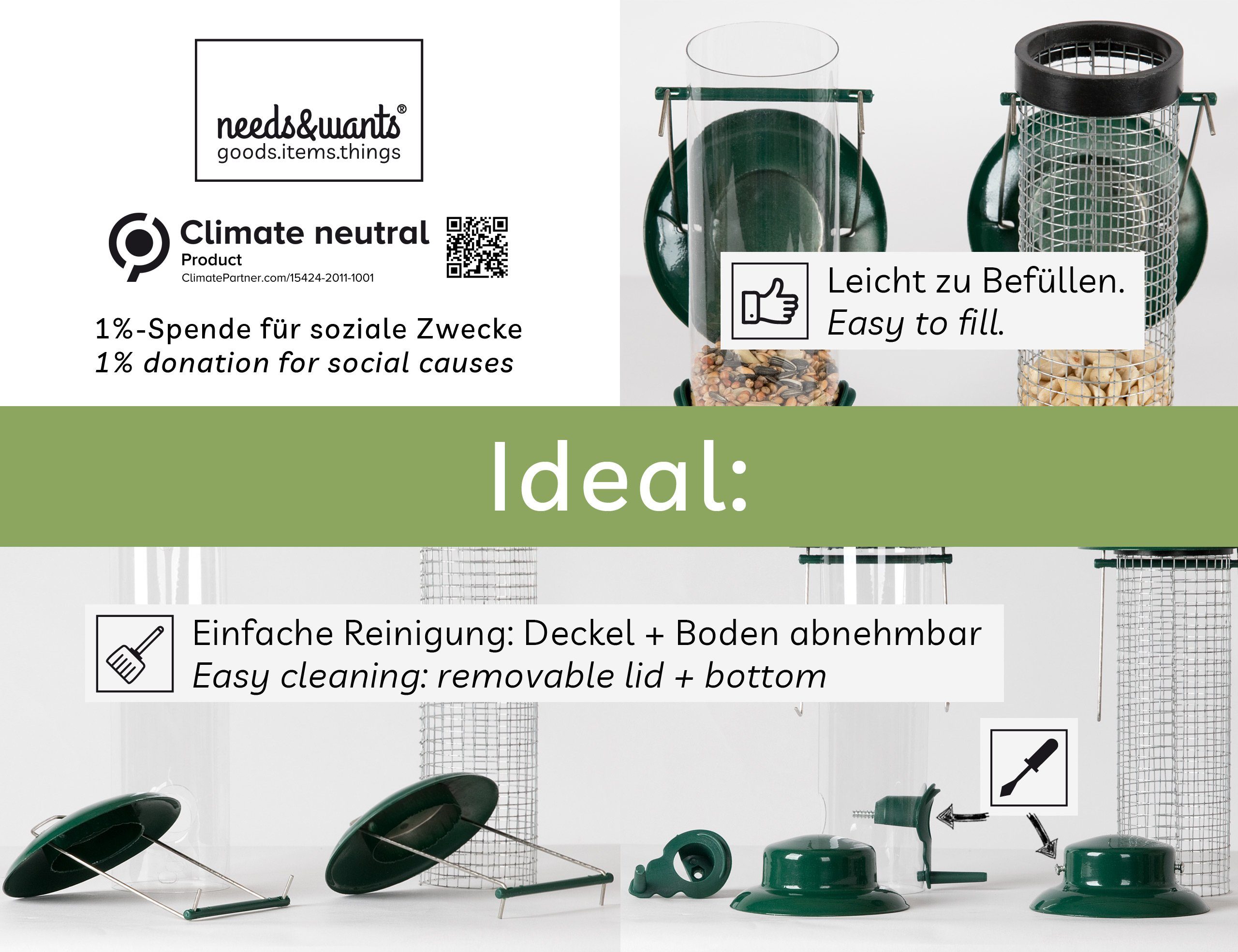 needs&wants® Futterstation 2er Set Vogelfutterspender Metall Kunststoff Futterstation Vögel klein, Metall