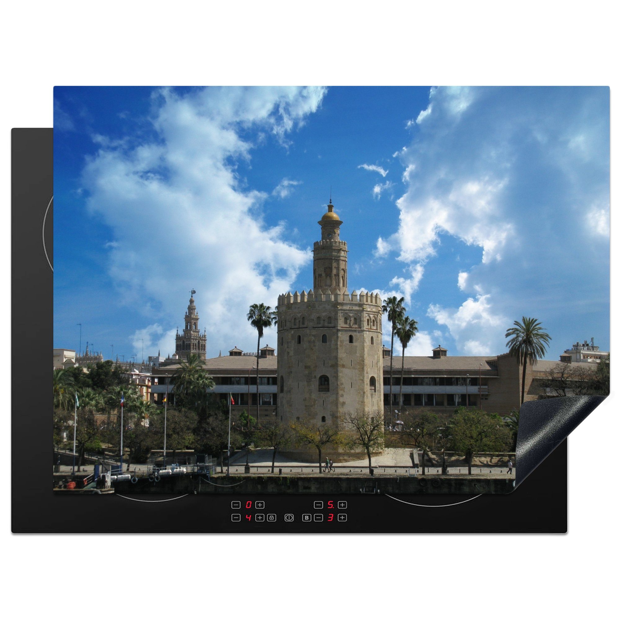 MuchoWow Herdblende-/Abdeckplatte Der Torre del Oro an den Ufern des Guadalquivir in Sevilla, Vinyl, (1 tlg), 70x52 cm, Mobile Arbeitsfläche nutzbar, Ceranfeldabdeckung