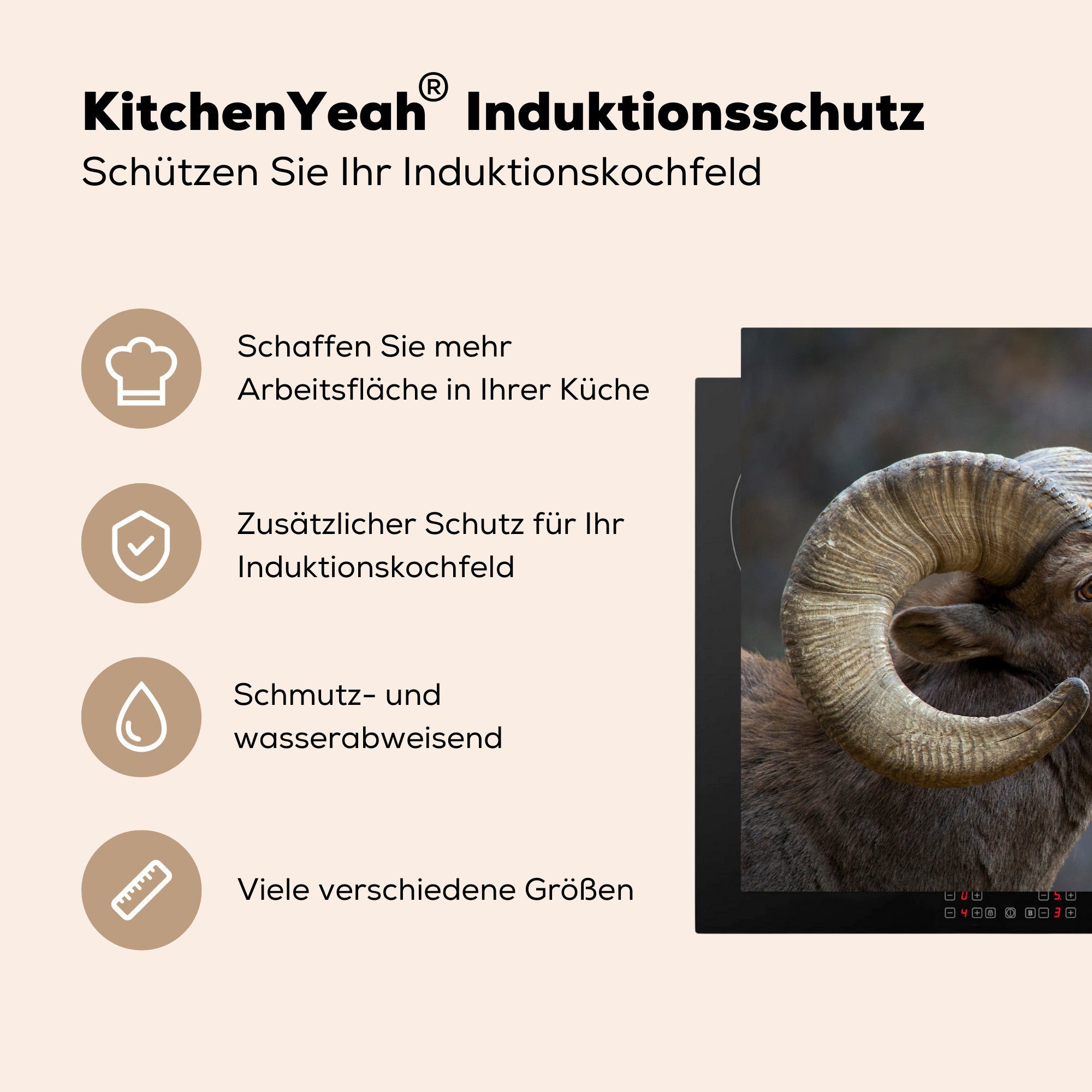 MuchoWow Herdblende-/Abdeckplatte Schaap Horn Induktionskochfeld tlg), küche, Ceranfeldabdeckung 81x52 - die - Schutz cm, (1 Berg, für Vinyl