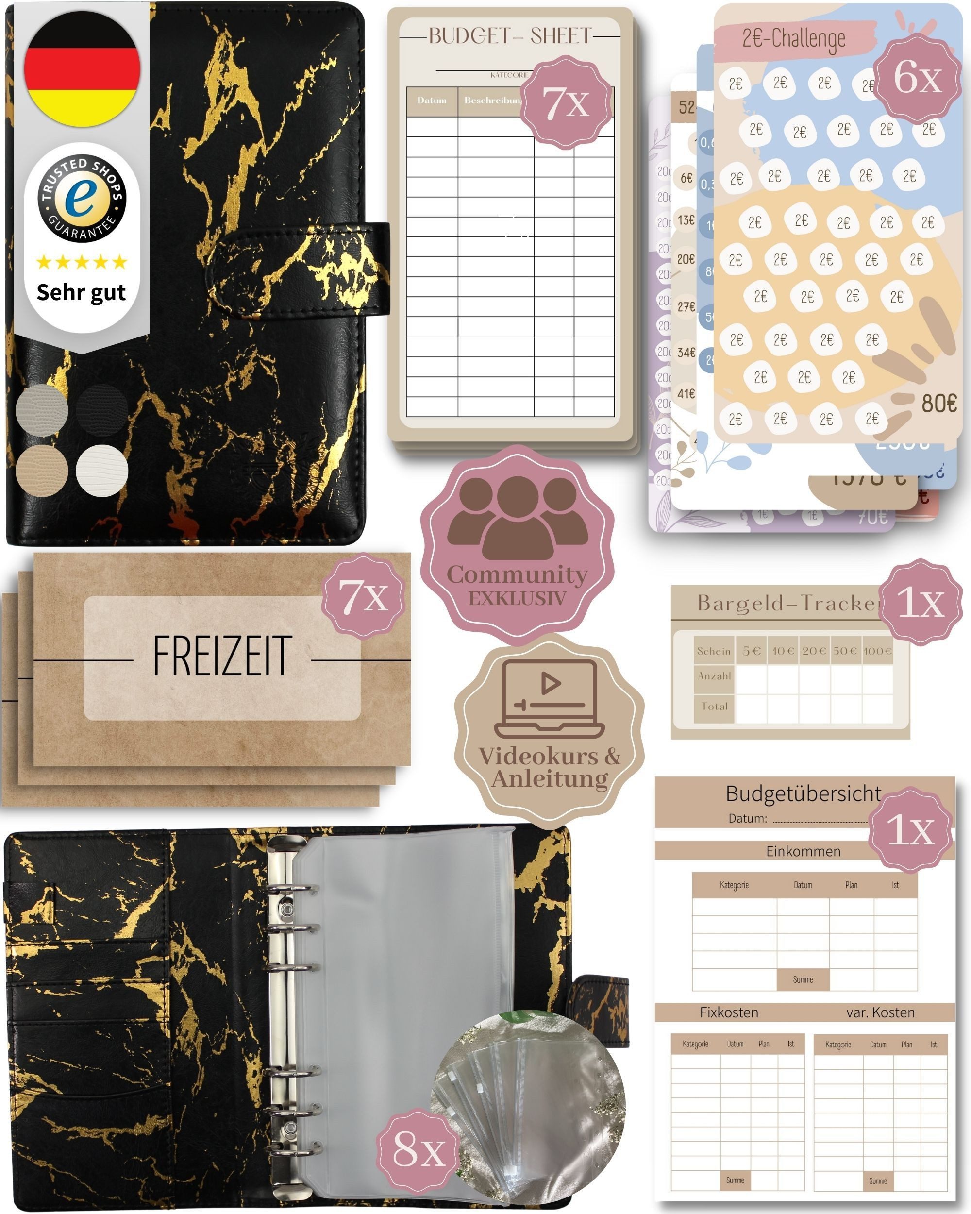 BeginnerBudget Ringbuchmappe Budgetplaner Starter-Set Sparbuch zum Geld Sparen + Spar-Challenges, Sparen mit Umschlagmethode + Anleitung - Ringbuch - Binder A6