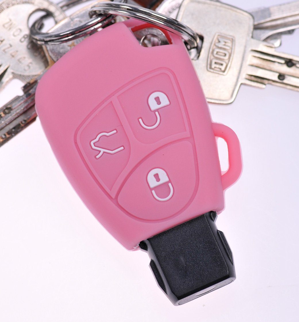 mt-key Schlüsseltasche Autoschlüssel Softcase Silikon Schutzhülle Rosa, Mercedes Benz W169 A B C CL CLK E M R S SL SLK Klasse 3 Tasten