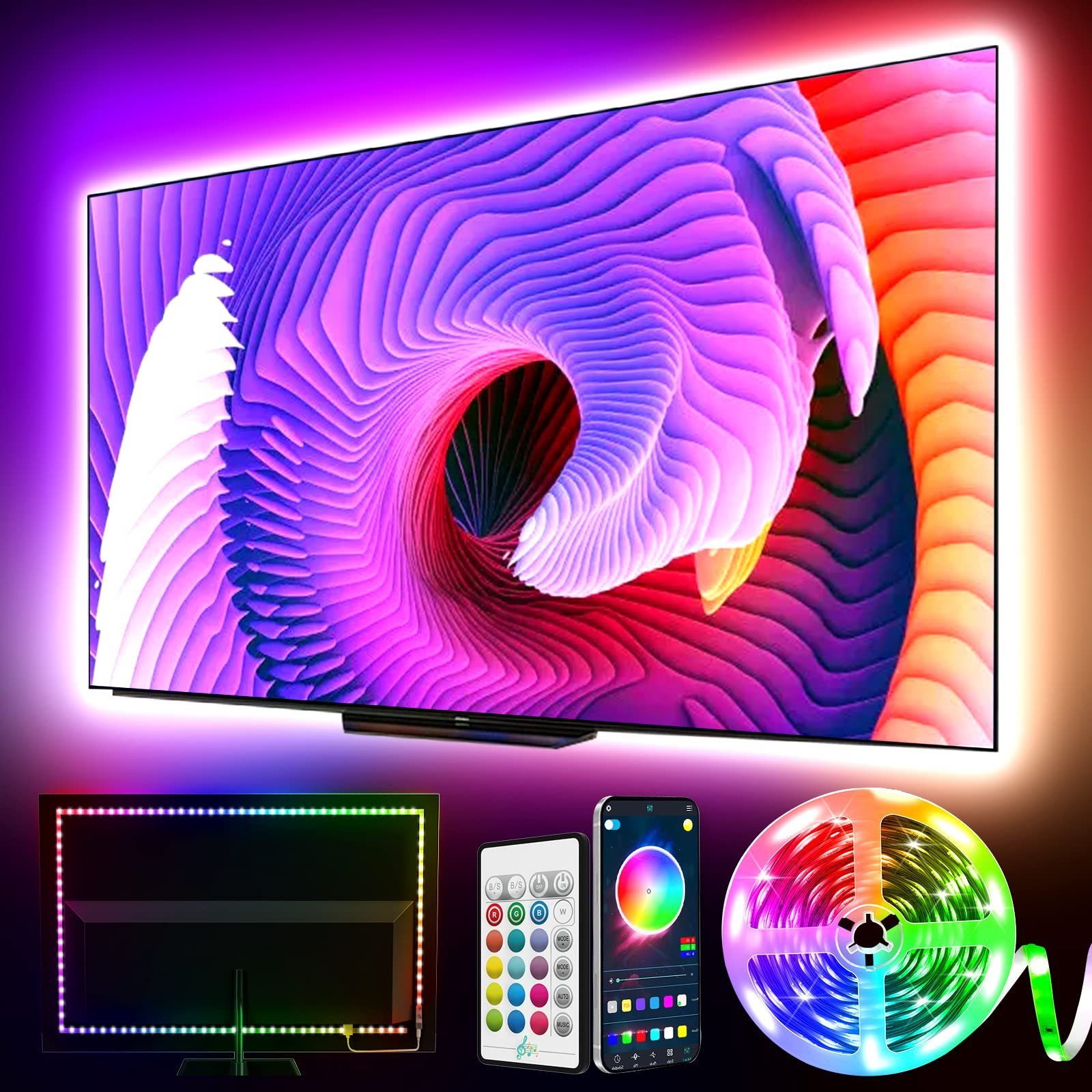 Sunicol LED Stripe RGB, TV Hintergrundbeleuchtung, Backlight Band, Streifen Licht, USB, Musik Sync, LED Lichtstripe, Fernsteuerung/APP-Kontrolle, 2M/5M