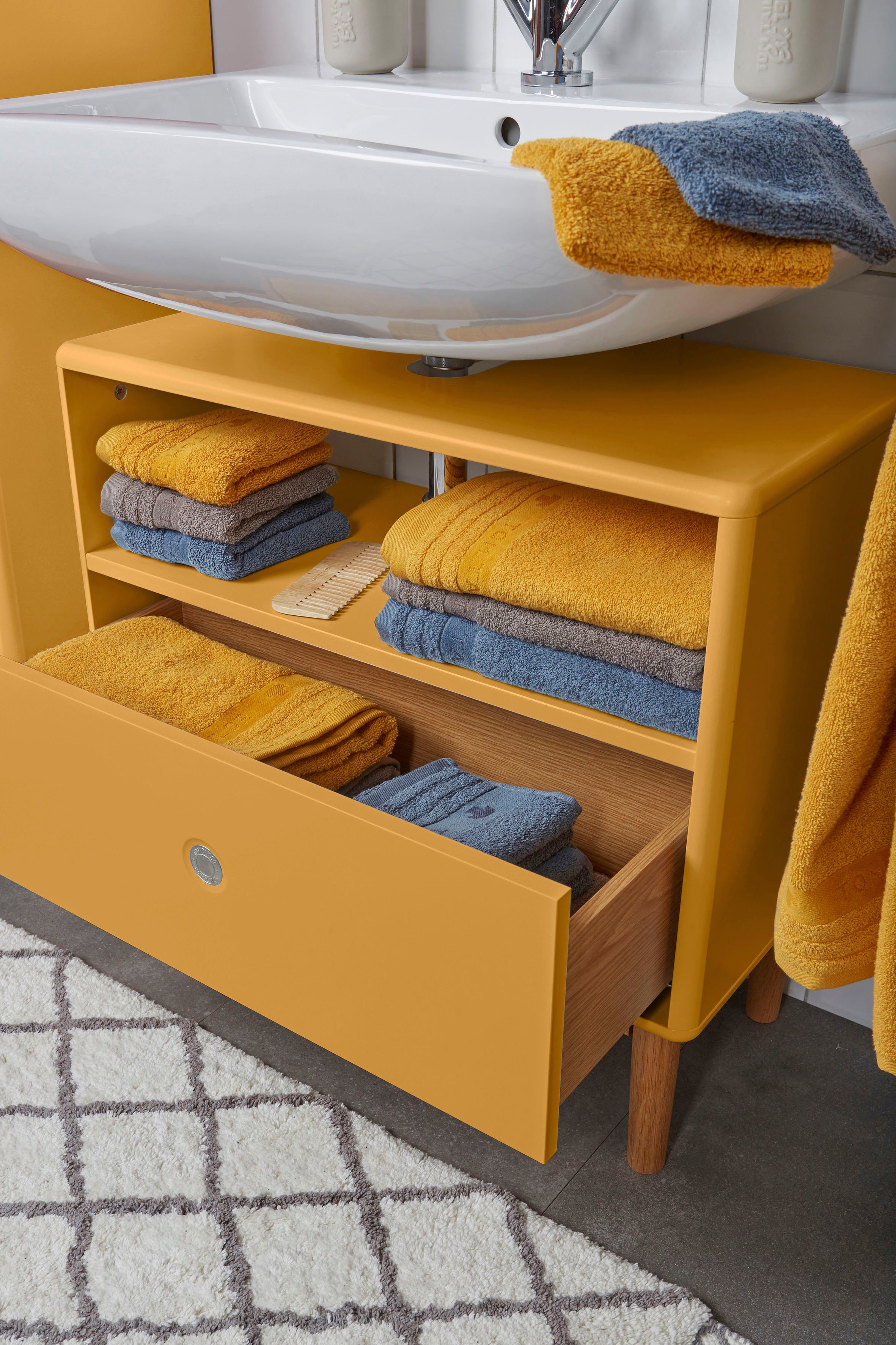 in mit mit mustard Breite mit Waschbeckenunterschrank TAILOR TOM COLOR Füßen HOME 65 Eiche, Push-to-Open, BATH cm Schublade,