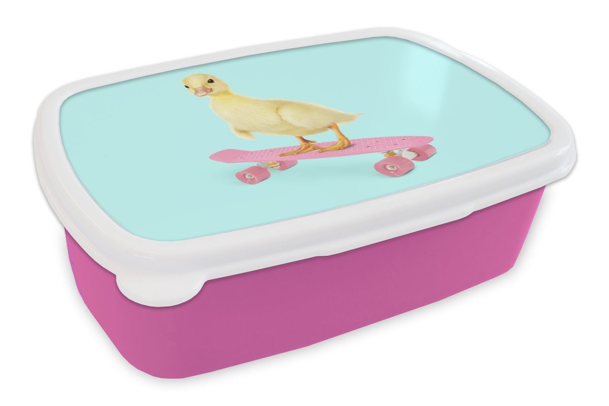 MuchoWow Lunchbox Ente - Küken Kunststoff Skateboard (2-tlg), - Snackbox, Rosa, Blau - Mädchen, - für Brotdose Kinder, Erwachsene, Kunststoff, Brotbox
