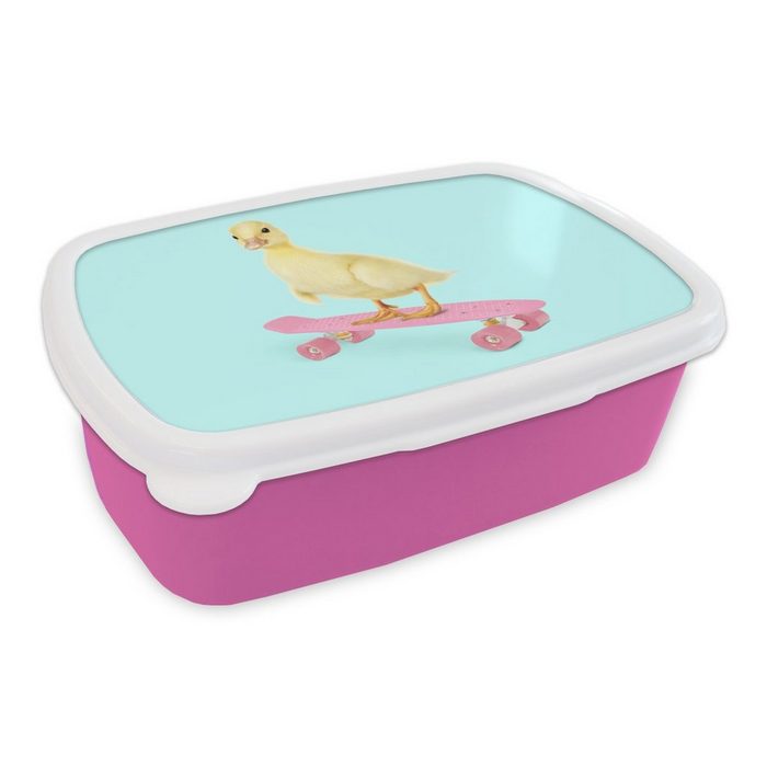 MuchoWow Lunchbox Ente - Küken - Skateboard - Blau - Rosa Kunststoff (2-tlg) Brotbox für Erwachsene Brotdose Kinder Snackbox Mädchen Kunststoff