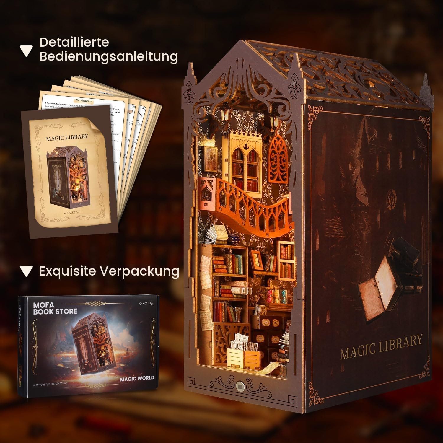 FANNOU Buchstütze Book Nook Kit for Adults, Magische Zauberbibliothek mit LED Licht (1 St), DIY Miniature House,3D Wooden Puzzle,Bastelgeschenk für ab 14 Jahren – Bild 5 von 5