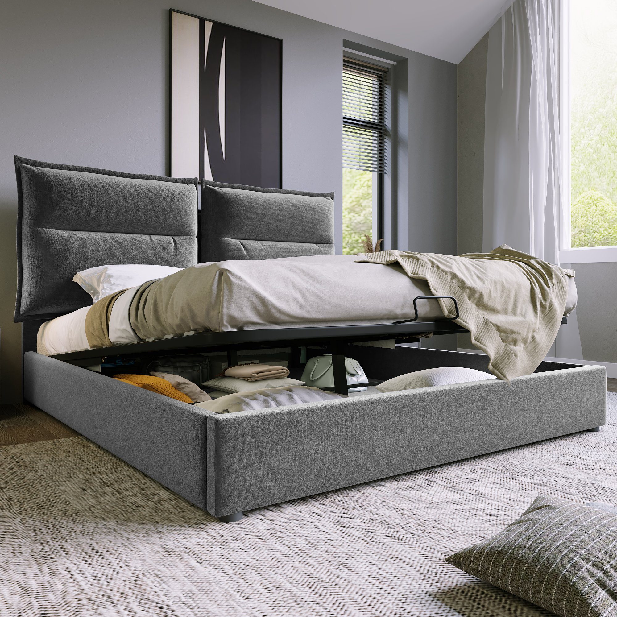 Polsterbett (Hydraulisches Funktionsbett 140x200cm), Doppelbett mit Verstellbares Kopfteil und Stauraum, Bezug aus Samt