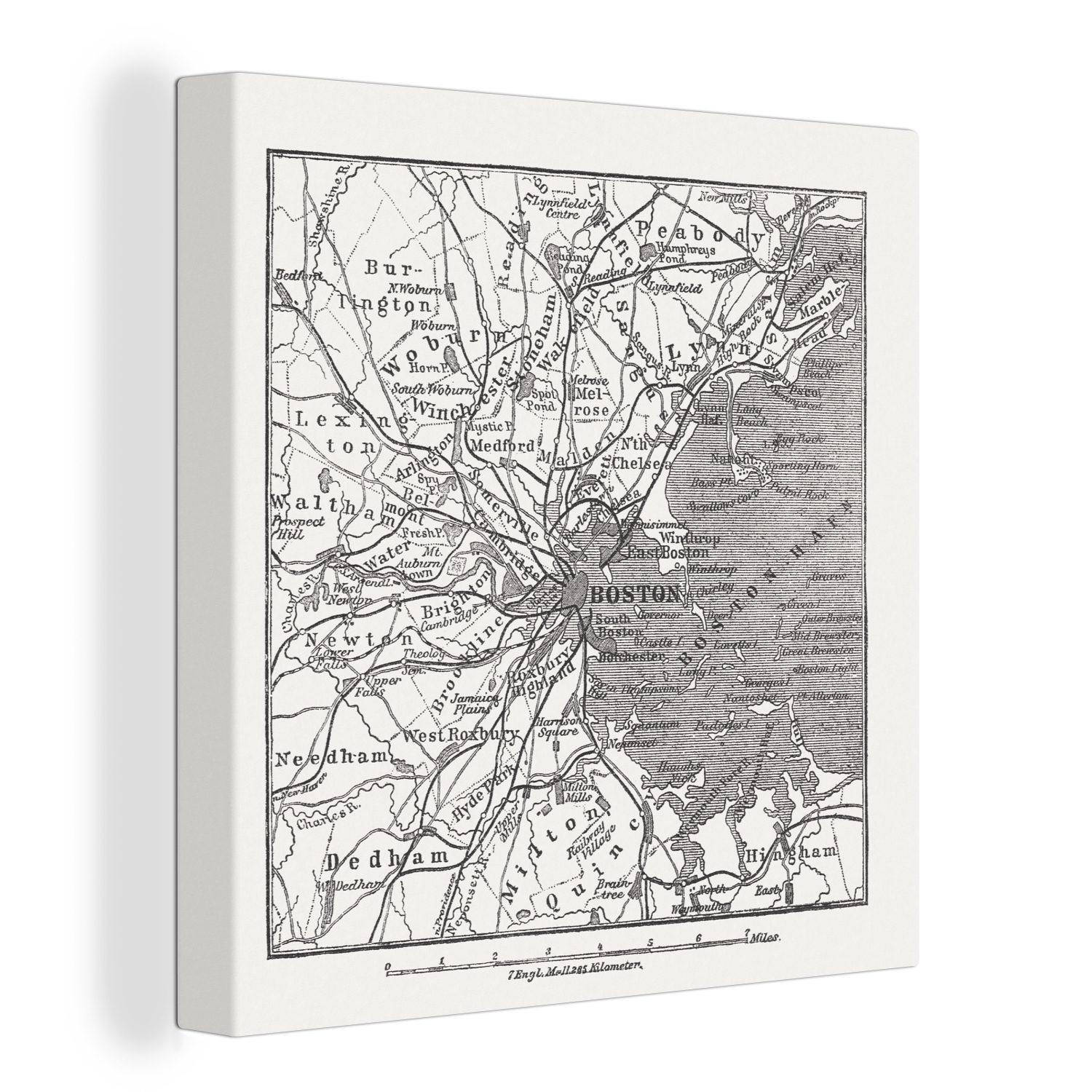OneMillionCanvasses® Leinwandbild Schwarz-weiße Illustration einer Karte von Boston, (1 St), Leinwand Bilder für Wohnzimmer Schlafzimmer