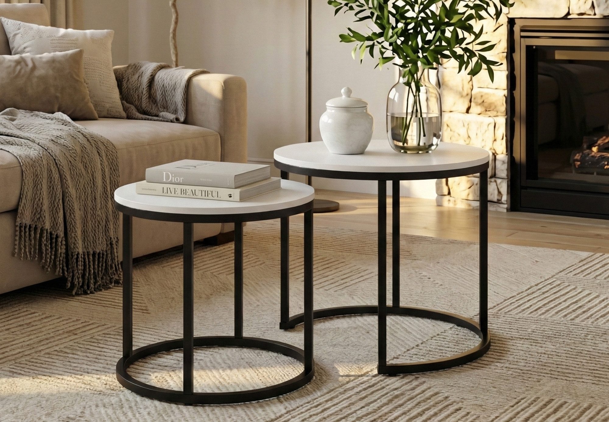 Home Collective Couchtisch Kleiner 2er Set aus Holz, Wohnzimmertisch Modern (Beistelltisch Set 2 in 1 mit Metallgestell, Büro Beistelltisch Loft Design TWIN, kratzfeste Oberfläche, Set 2 in 1), Rund in Weiß, für Wohnzimmer