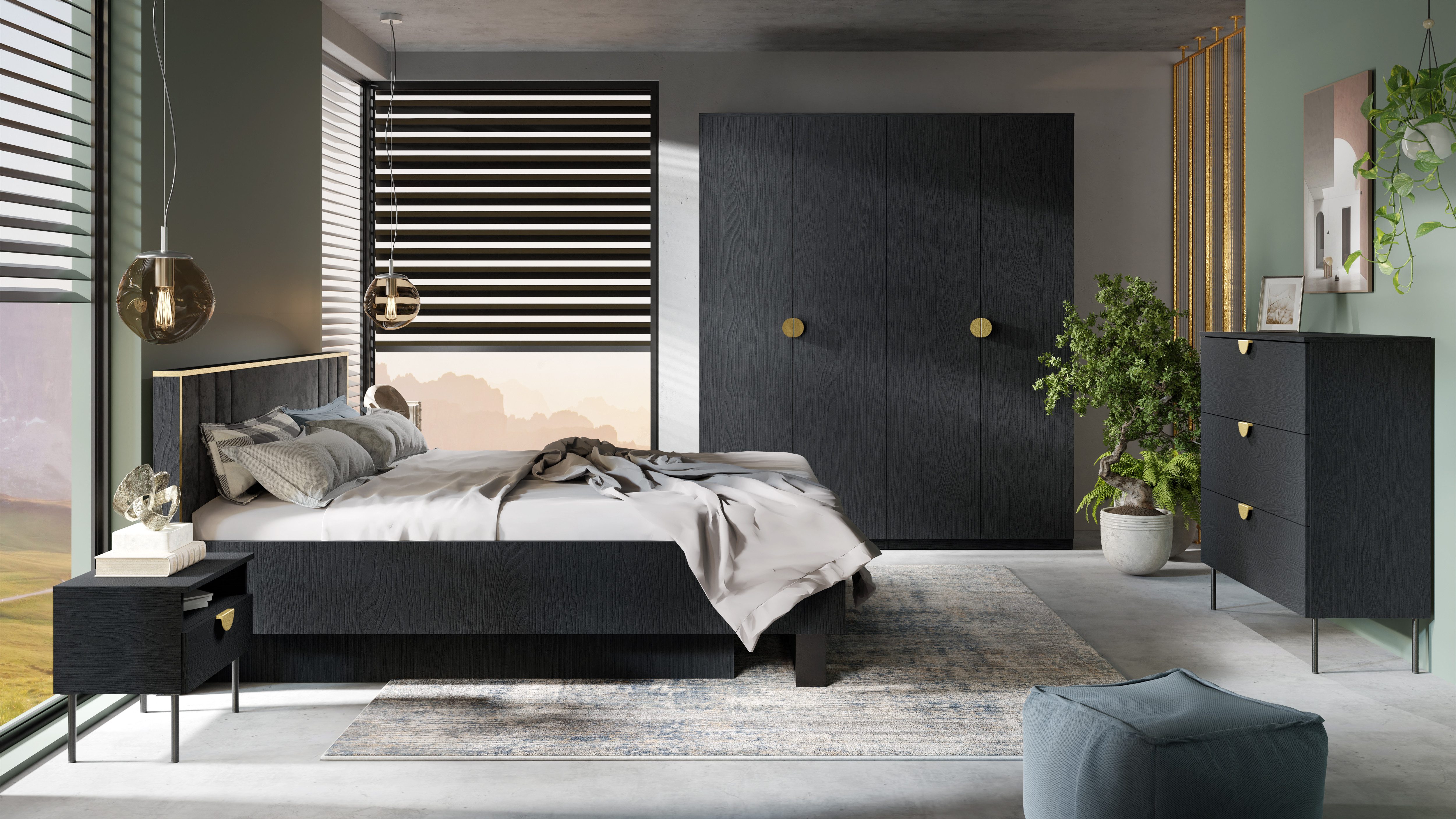 Home affaire Kleiderschrank BELLOT Garderobe, Wäscheschrank mit 4 Einlegeböden und 2 Kleiderstange mit 4 Drehtüren und goldenen Griffen, Maße B/T/H: 180/59/209 cm