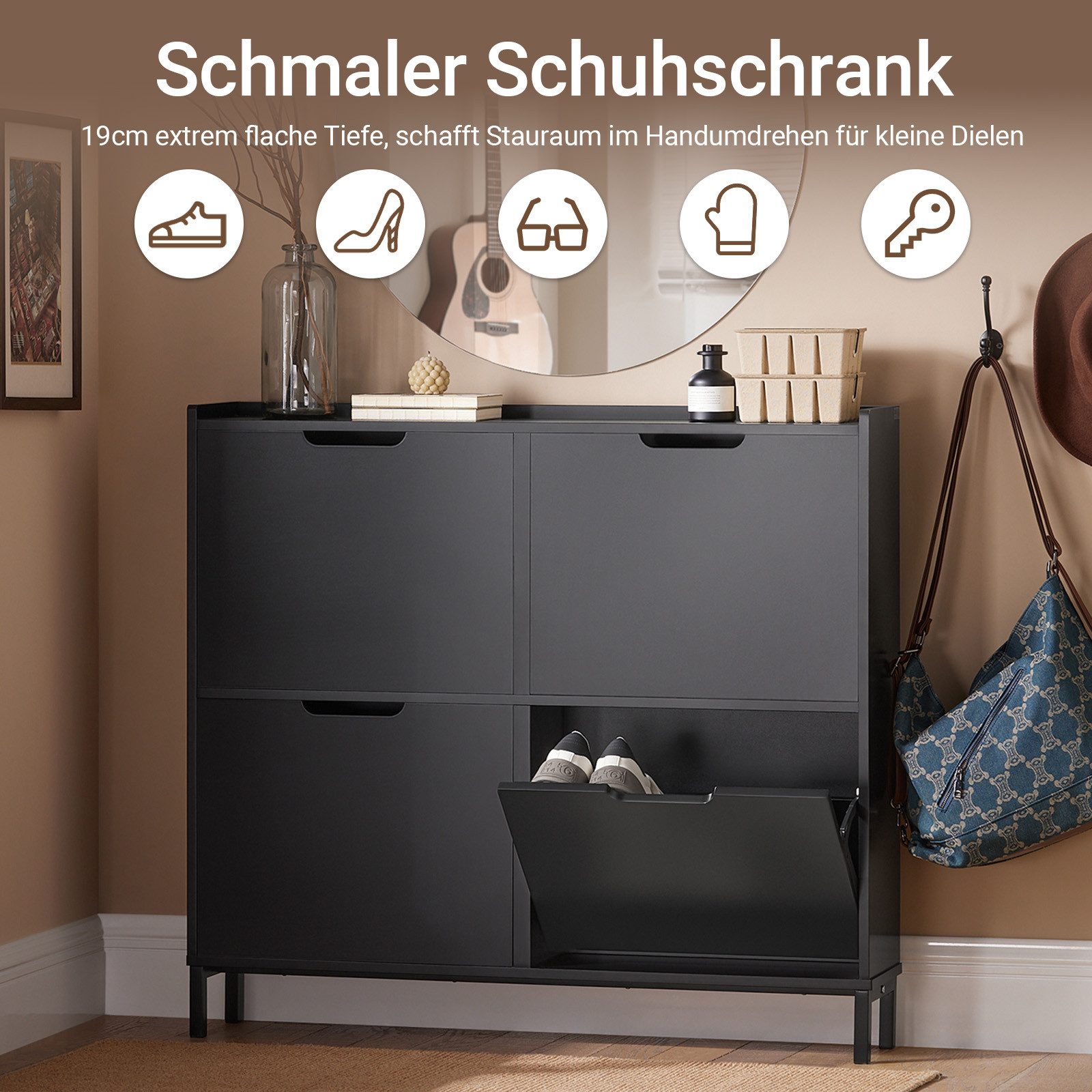 SoBuy Schuhschrank FSR100, Schuhkipper Schuhregal Flurschrank Schuhkommode Schuhschrank schmal, mit 4 Klappen, für 8-12 Paar Schuhe, Diele, Flur