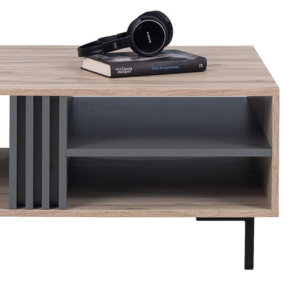 Lomadox Couchtisch ANTIGUA-133, Eiche mit Anthrazit, 90 cm breit, 3 Fächer