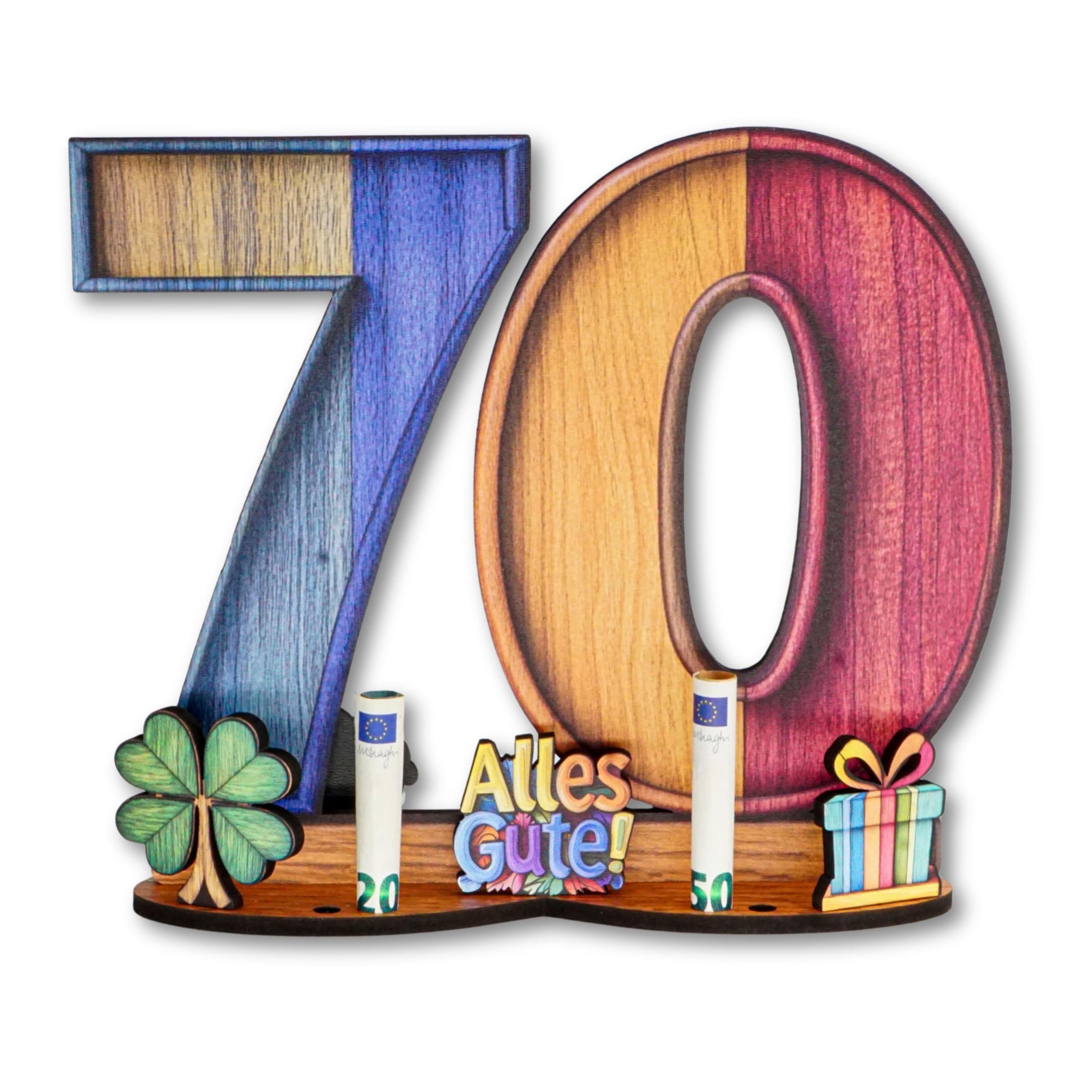 DARO Design Dekoobjekt Geldgeschenk Geburtstag Holzschild Gästebuch mit Ständer (Geschenkset, 70 Jahre – Geldscheinhalter), B 28 × H 24 × T 7 cm, 6 mm HDF