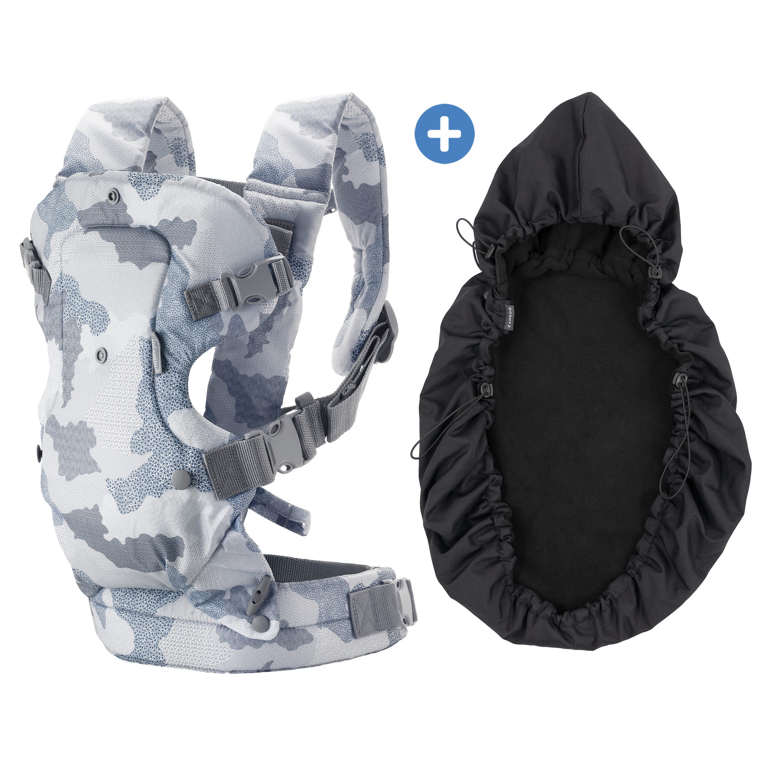 Infantino BKids Babytrage Flip Advanced - Blue Camo, Baby Bauchtrage Rückentrage ab Geburt von 3,6-14,5 kg mit Regenschutz