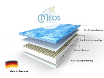 Taschenfederkernmatratze 7-Zonen Taschenfederkernmatratze mit Gel-Schaum Topper, Meos, 25 cm hoch, (Set), 90x200 cm, Besonderes zweifaches Liegegefühl, Matratze 90x200 cm mit Topperkern, H2 / H3, 4-seitiger Reißverschluss sorgt für abnehmbaren und waschbaren Bezug, Besonders atmungsaktiv durch Klimaband, 4 praktische Haltegriffe, Schadstoffgeprüfte Materialien, Made in Germany