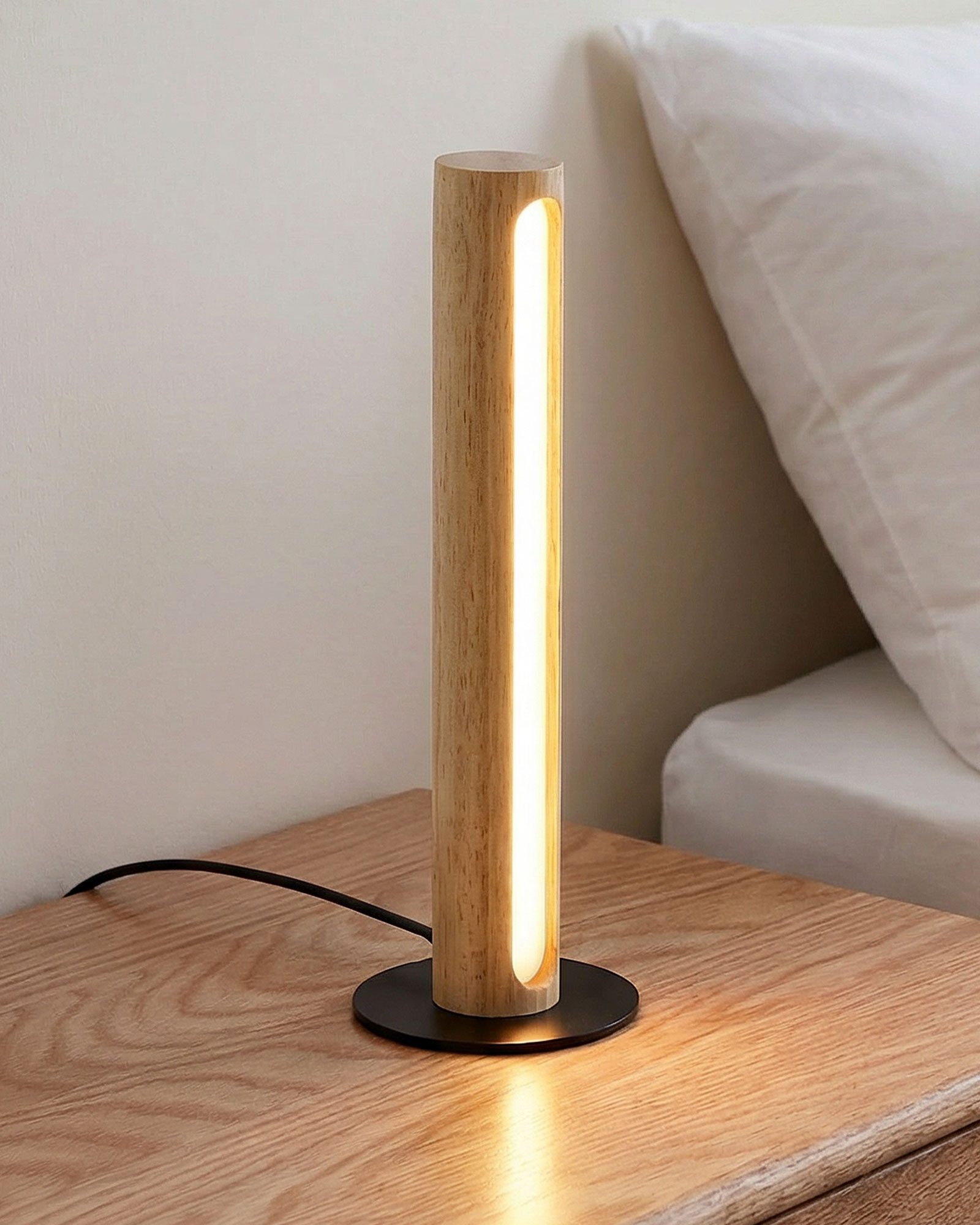 EDISHINE LED Nachttischlampe Säulenlampe aus Holz, LED fest integriert, 3000K-4500K-6000K, Touch Dimmbar, Höhe 27cm