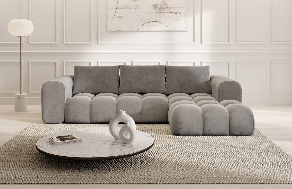Sofa Dreams Ecksofa Casaluna L Form kurz Stoff Couch Polsterecke, 4-Sitzer, Ottomane rechts, Samtstoff Bezug in Dunkelgrau