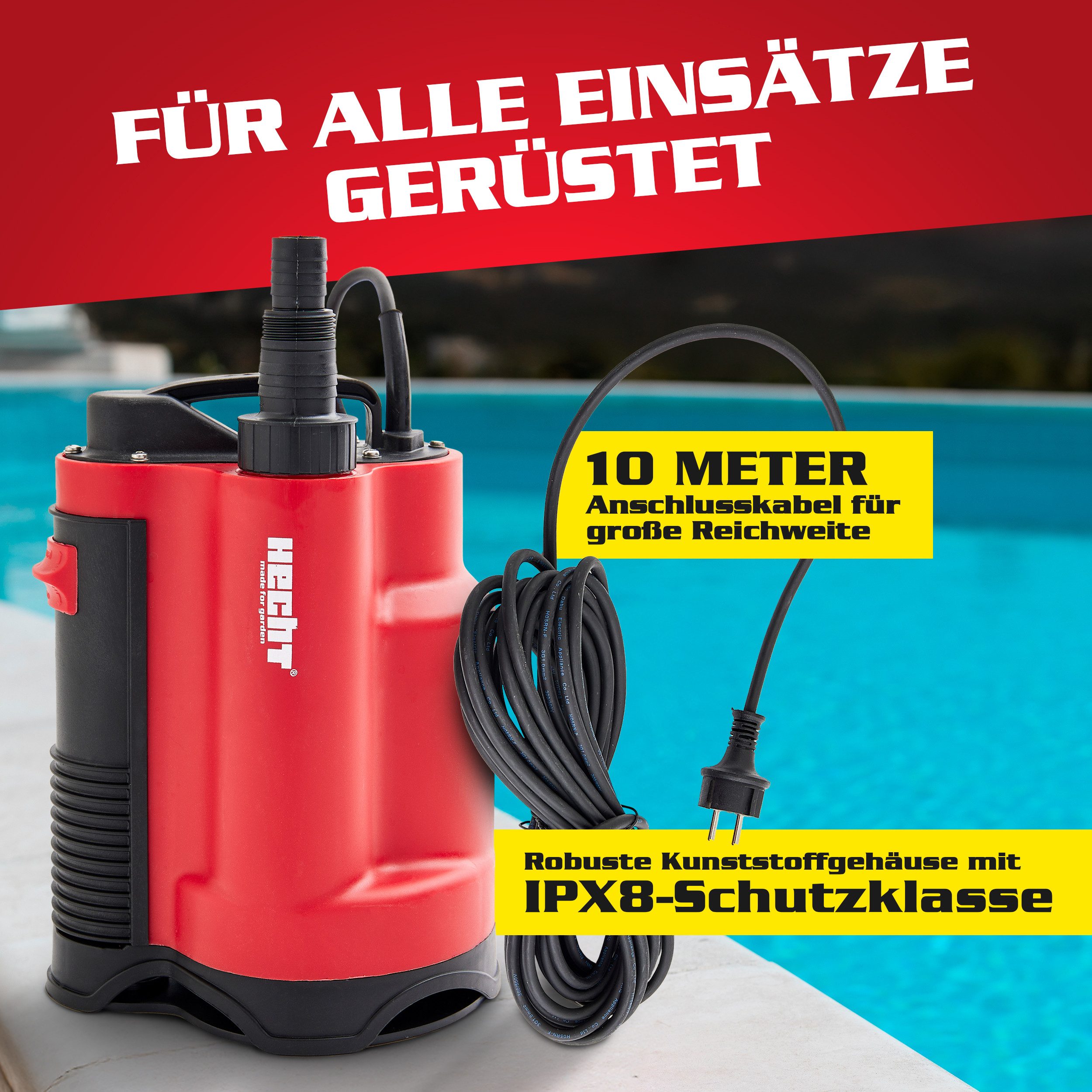 Hecht Schmutzwasser-Tauchpumpe 3775 mit integriertem Schwimmer, Kunstoffgehäuse, Tragegriff, 13.000 l/h, 750 W, 9 m Förderhöhe