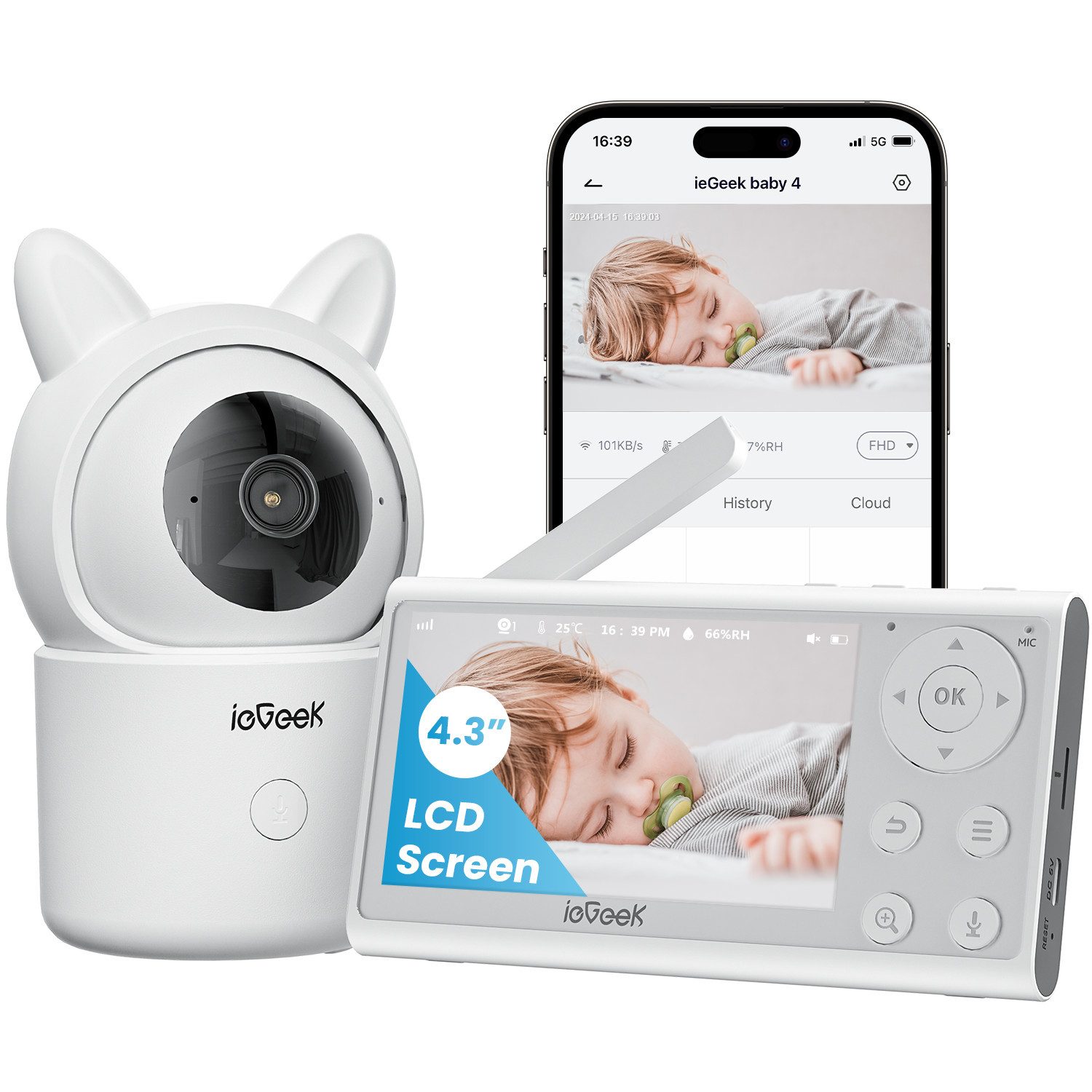 Babyphone Babyphone mit 2 Kameras 4.3 Zoll, 1080P Video Babyphone mit Halterung