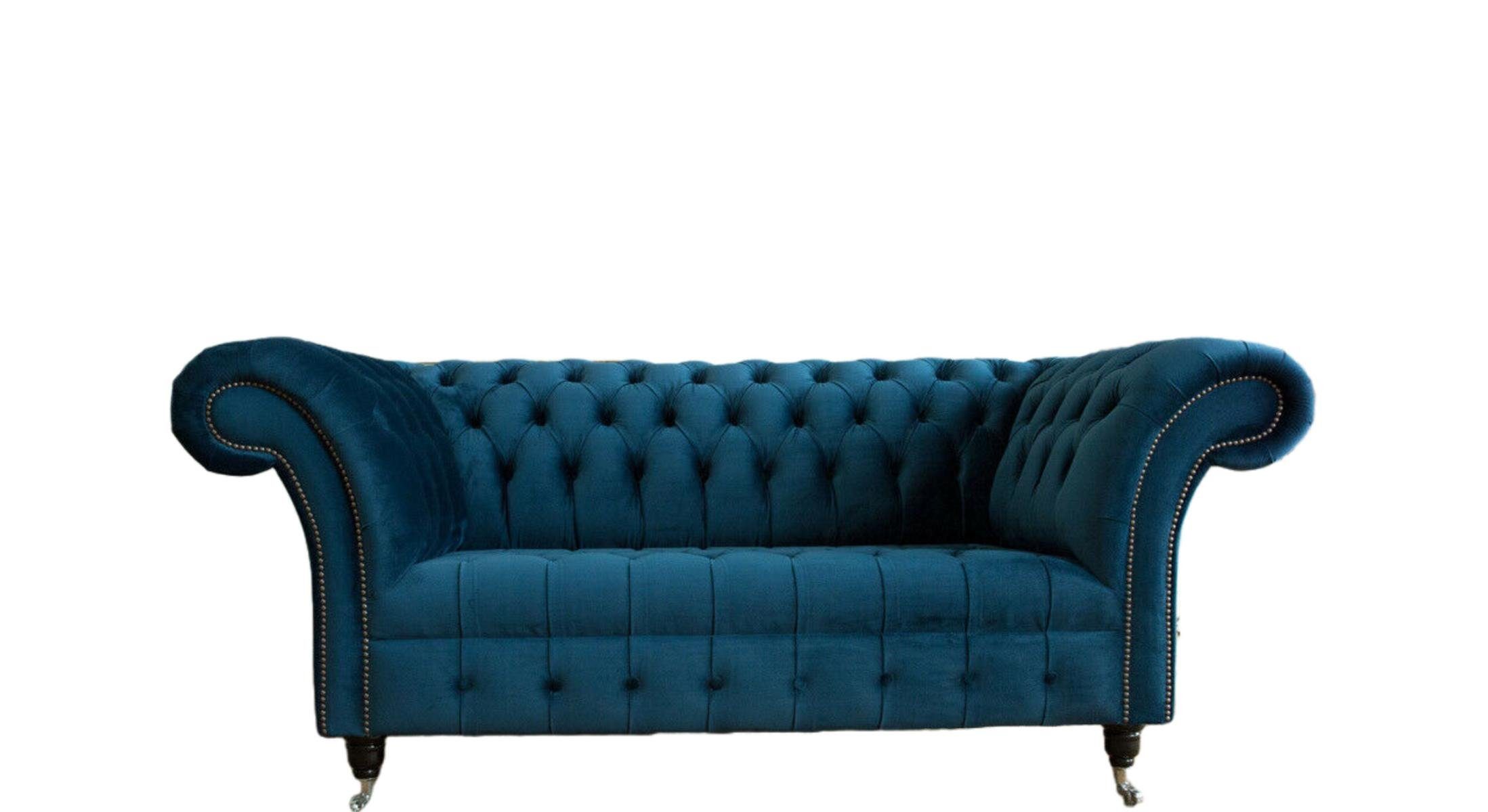 JVmoebel Chesterfield-Sofa, Sofa 2 Sitzer Couch Design Polster Textil Stoff Blau Sitz Sofa | Chesterfield-Sofas