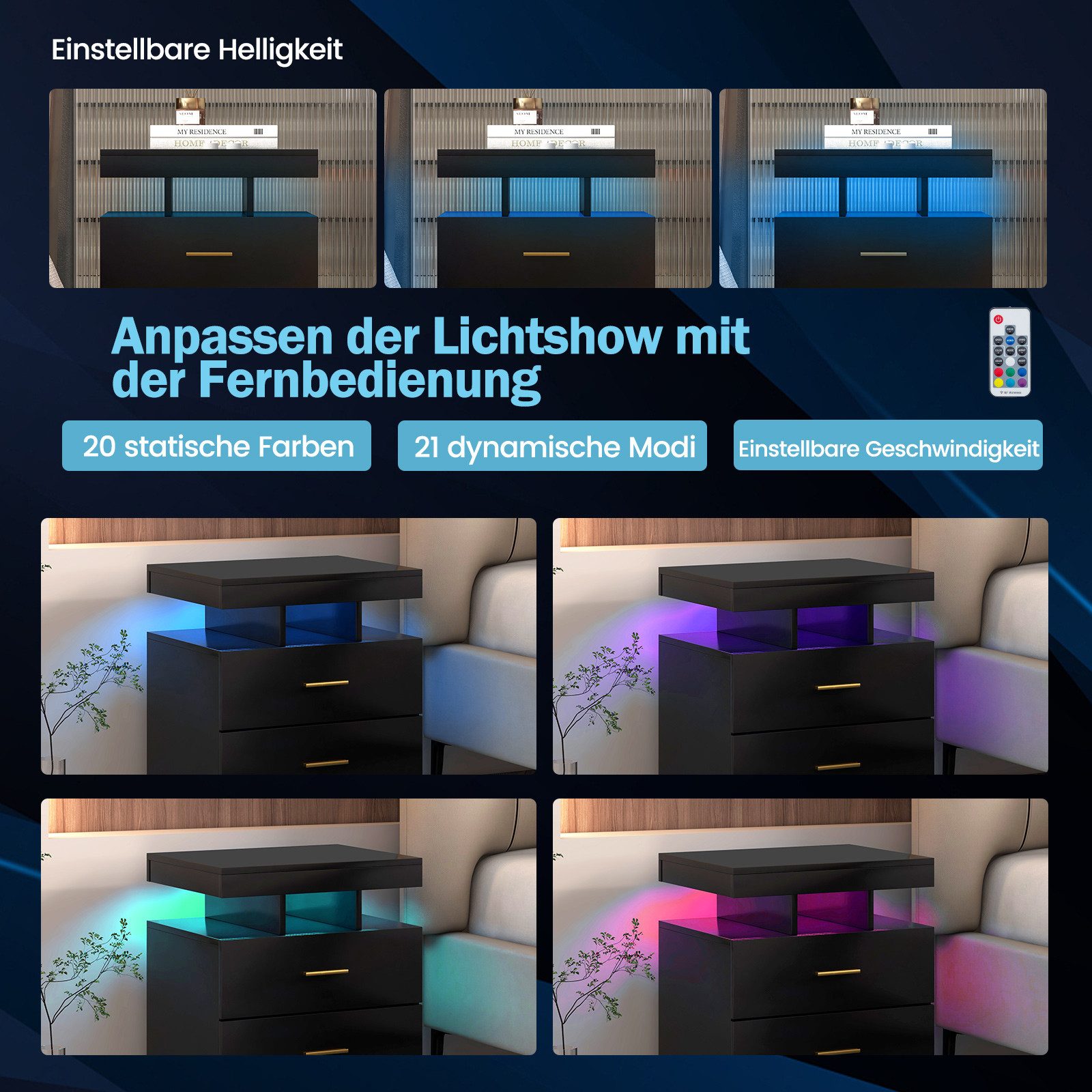 COSTWAY Nachttisch (1-St), mit LED-Beleuchtung, Sofatisch mit 2 Schubladen, 50x40x58 cm