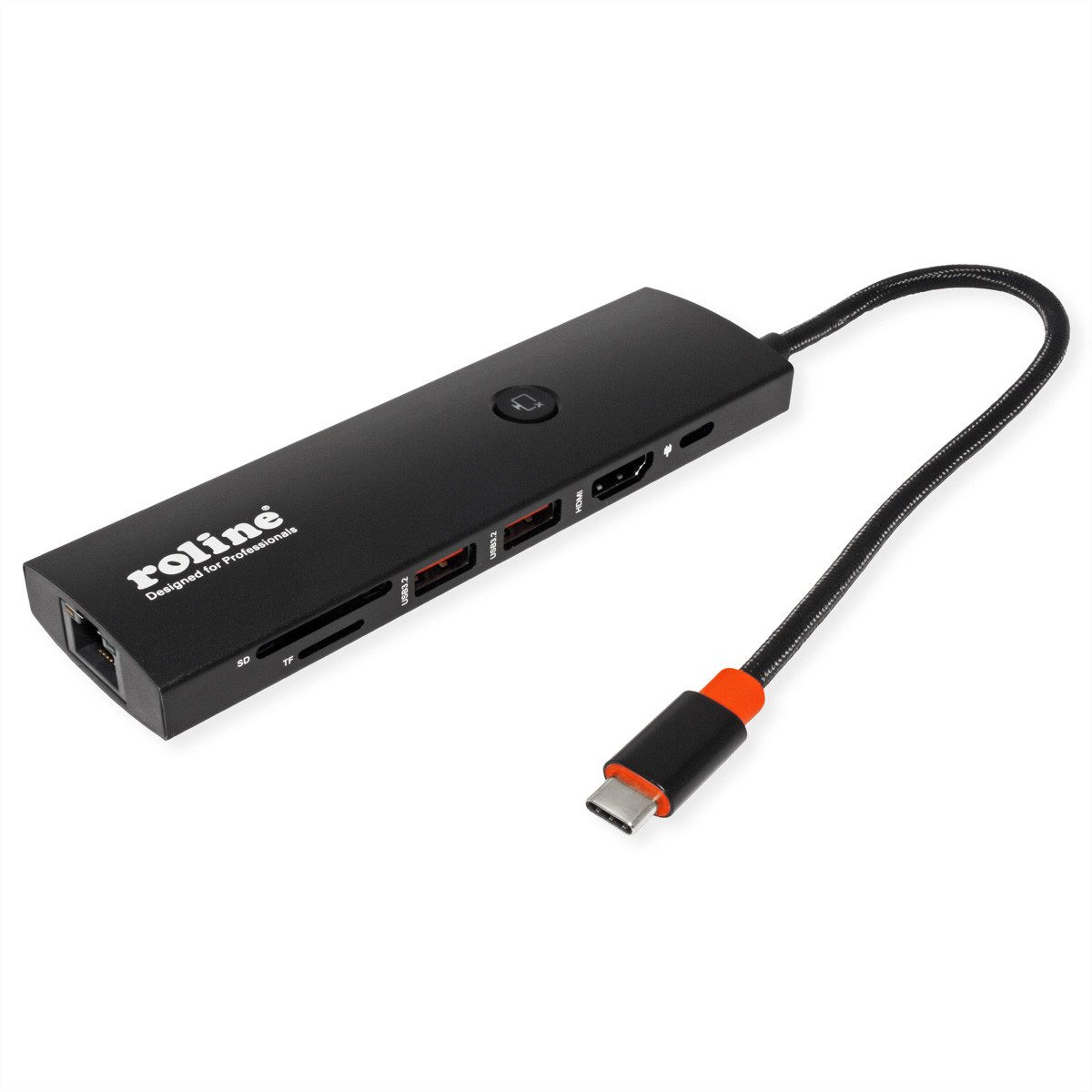 ROLINE USB 3.2 Gen2 Typ C Multiport Dockingstation Computer-Adapter USB Typ C (USB-C) Männlich (Stecker) zu HDMI Typ A Weiblich (Buchse), HDMI 4K60, USB 3.2 Gen2, USB-C PD, LAN, SD-Card Reader