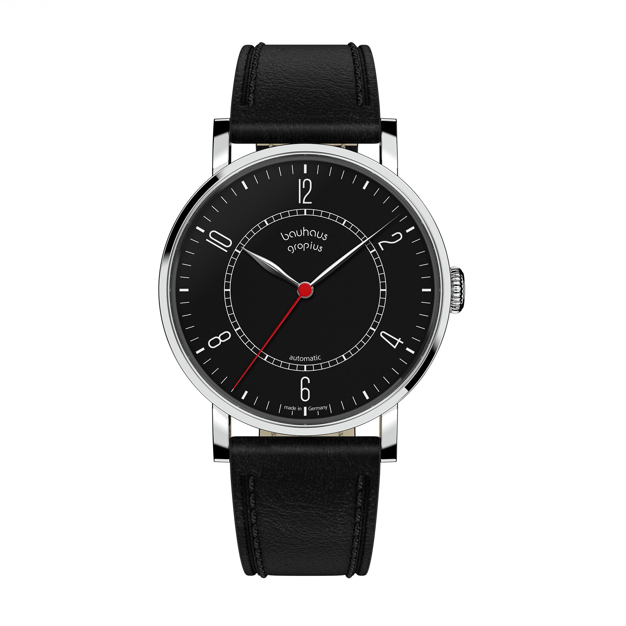 Walter Gropius Automatikuhr Made in Germany, Damenuhr, Herrenuhr, Unisex, Saphirglas - WGNA 001-03 New Bauhaus Automatik, Armbanduhr, Lederarmband, Edelstahlgehäuse, Mechanisch, Uhr, Schwarz