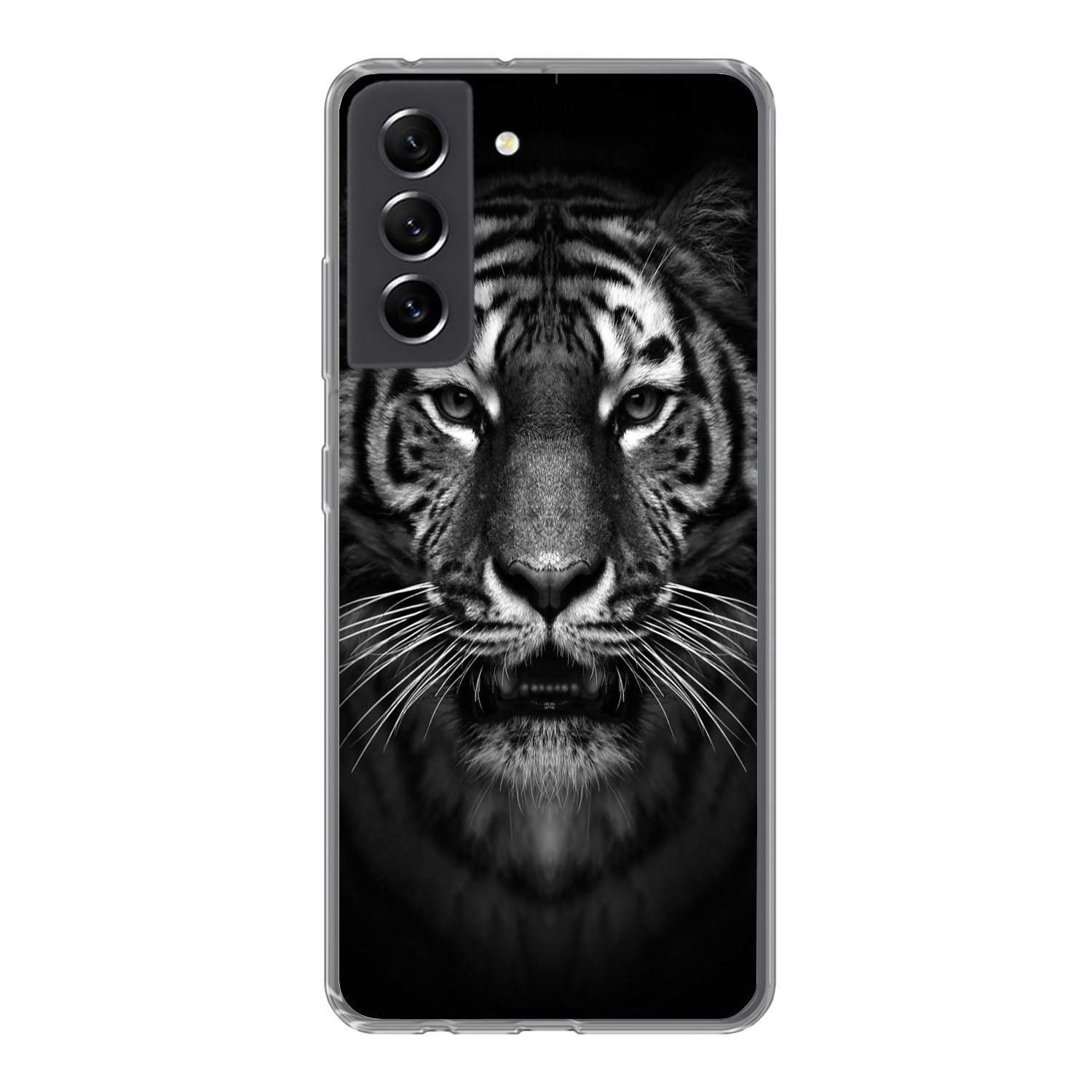 MuchoWow Handyhülle für Samsung Galaxy S21 FE Tiger - Tiere - Schwarz - Weiß - Porträt - W, Phone Case, Silikon, Schutzhülle Dünn