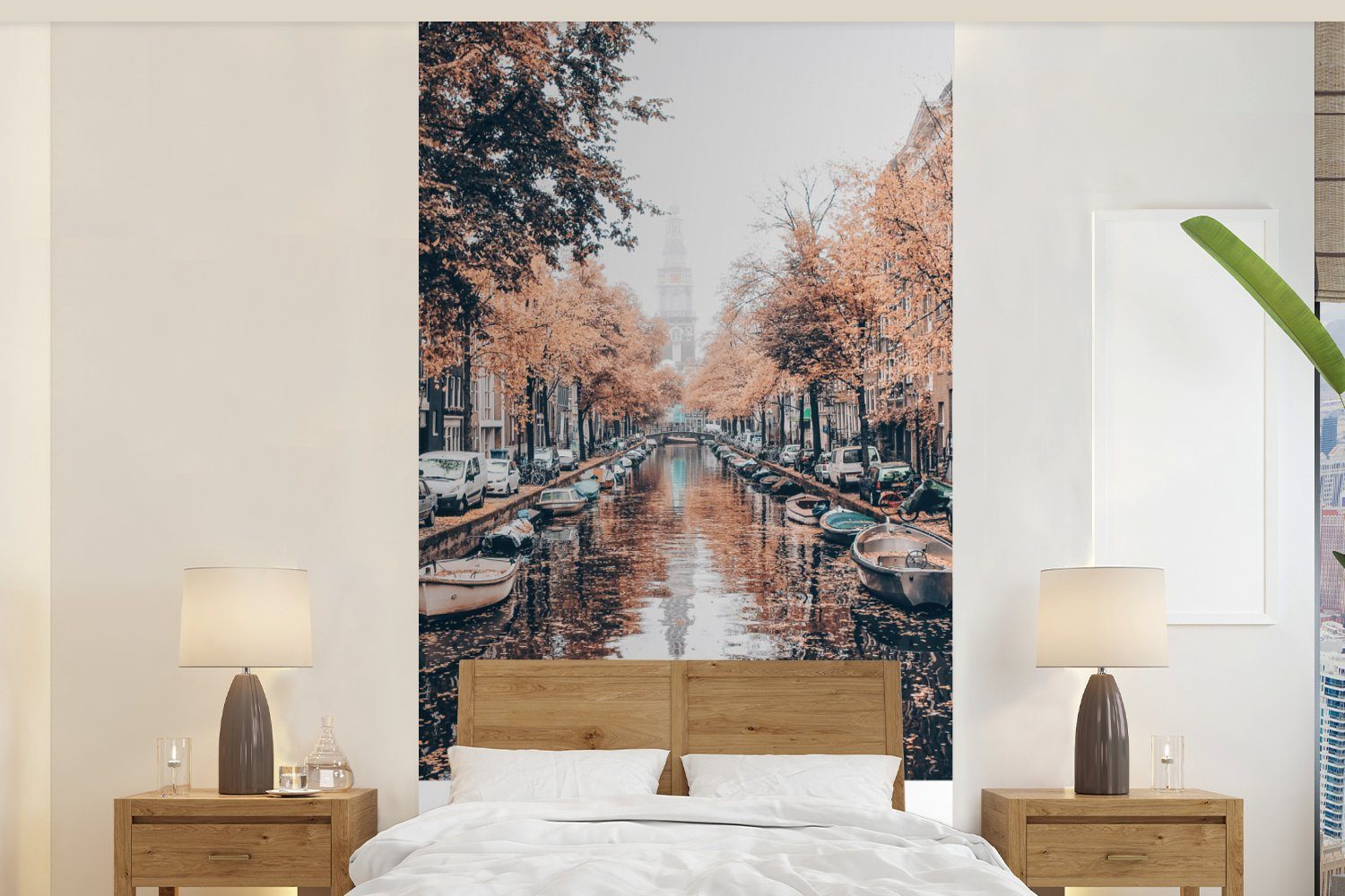 MuchoWow Fototapete Niederlande - Amsterdam - Gracht - Herbst, Matt, bedruckt, (2 St), Vliestapete für Wohnzimmer Schlafzimmer Küche, Fototapete | Fototapeten