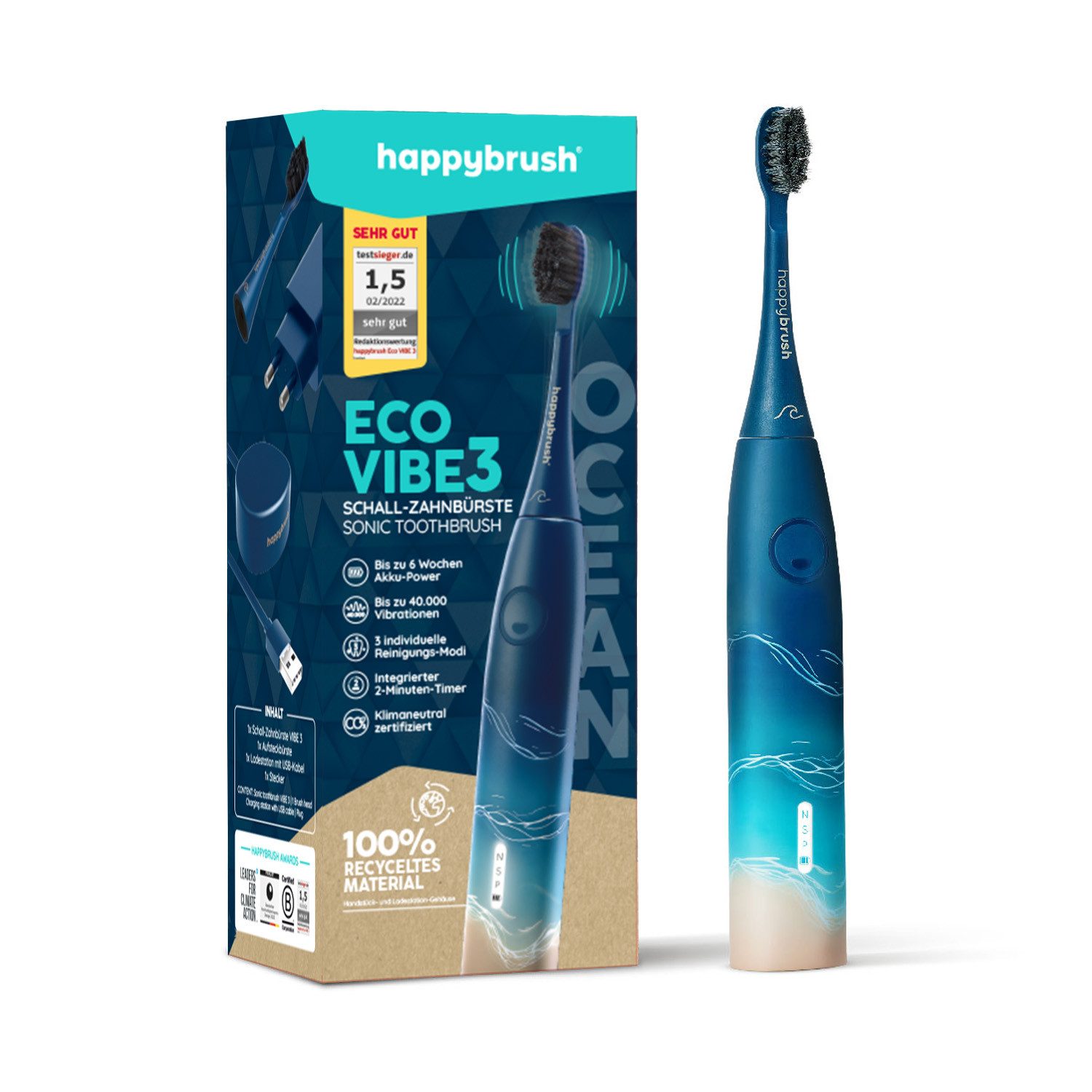 happybrush Schallzahnbürste Eco VIBE 3 Ocean Einzelpack, Aufsteckbürsten: 1 St., Eco Vibe 3, 3 individuelle Putz-Modi, Schalltechnologie