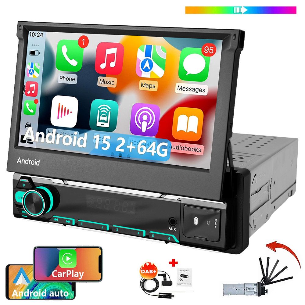 ESSGOO DAB+ 4+64G 1DIN 7'' Flip Out Android 15 Carplay Autoradio GPS WIFI FM Autoradio (Digitalradio (DAB), 4+64GB(optional), RDS, AM, FM, Carplay Android Auto Bluetooth EQ USB GPS Navi WIFI Touchscreen)