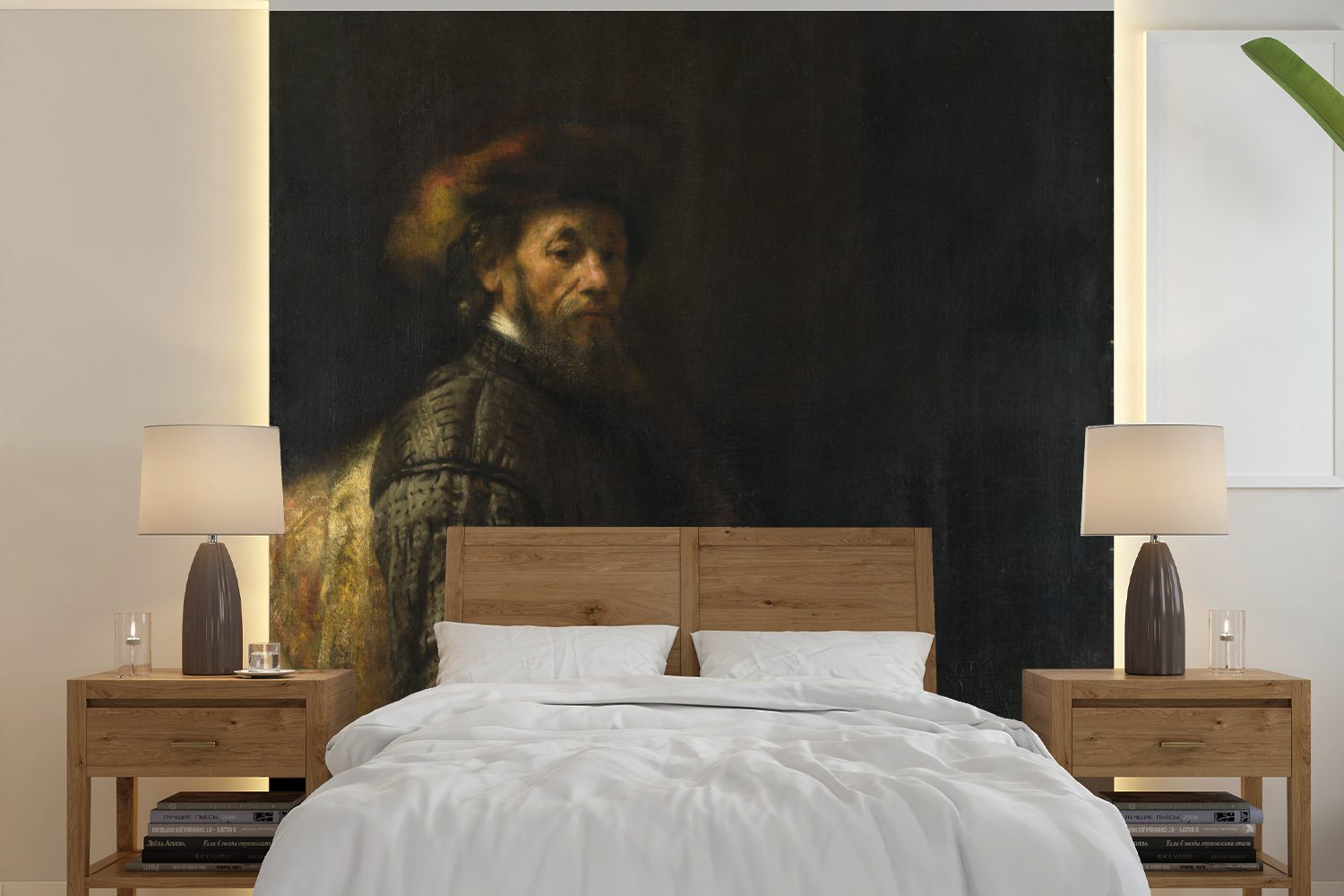 MuchoWow Fototapete Sitzender Mann mit Stock - Gemälde von Rembrandt van Rijn, Matt, bedruckt, (5 St), Vinyl Tapete für Wohnzimmer oder Schlafzimmer, Wandtapete