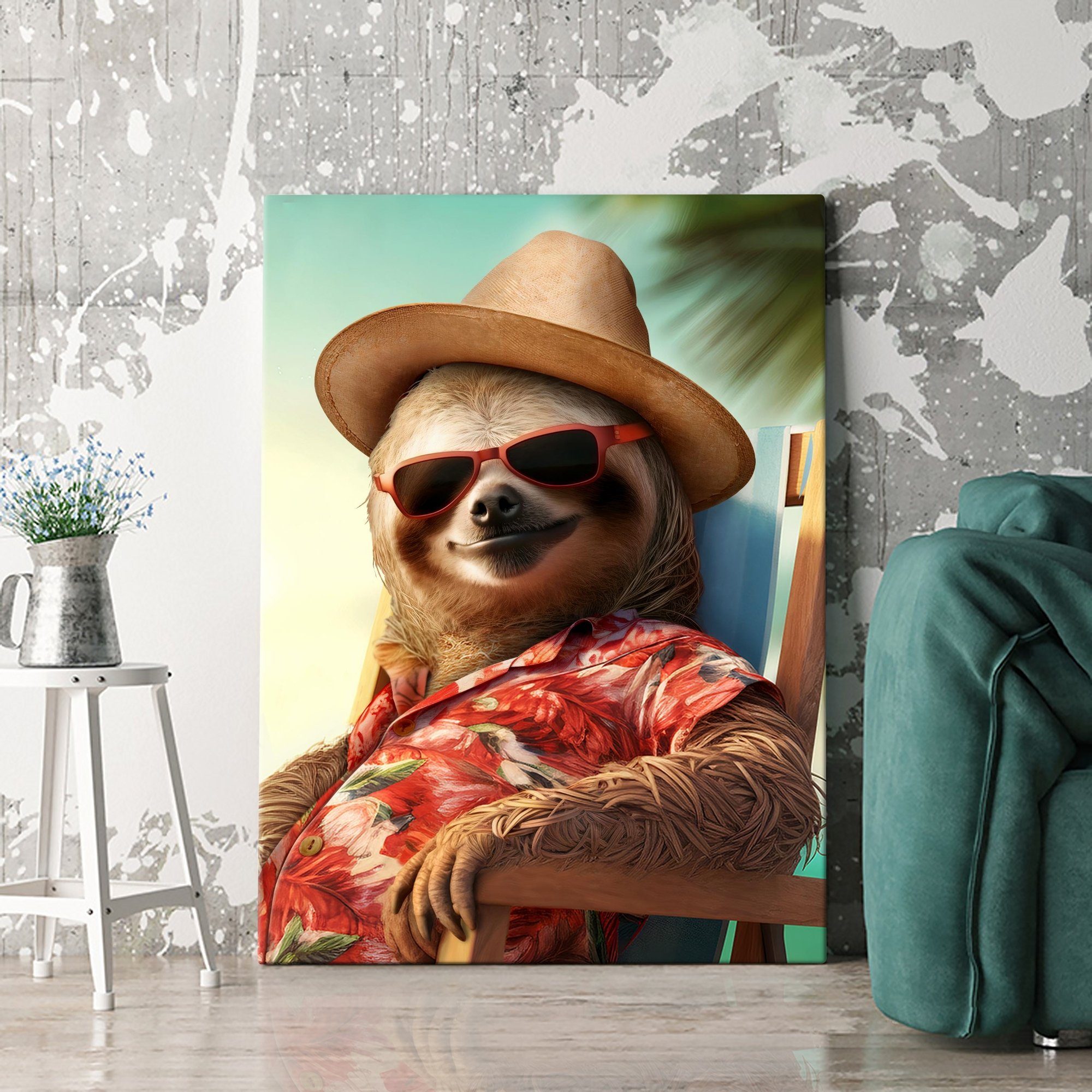 Artmazing Leinwandbild Lazy Lou, XXL Leinwand 120x80, Poster & Kunstdrucke, Lifestyle, Faultier Urlaub