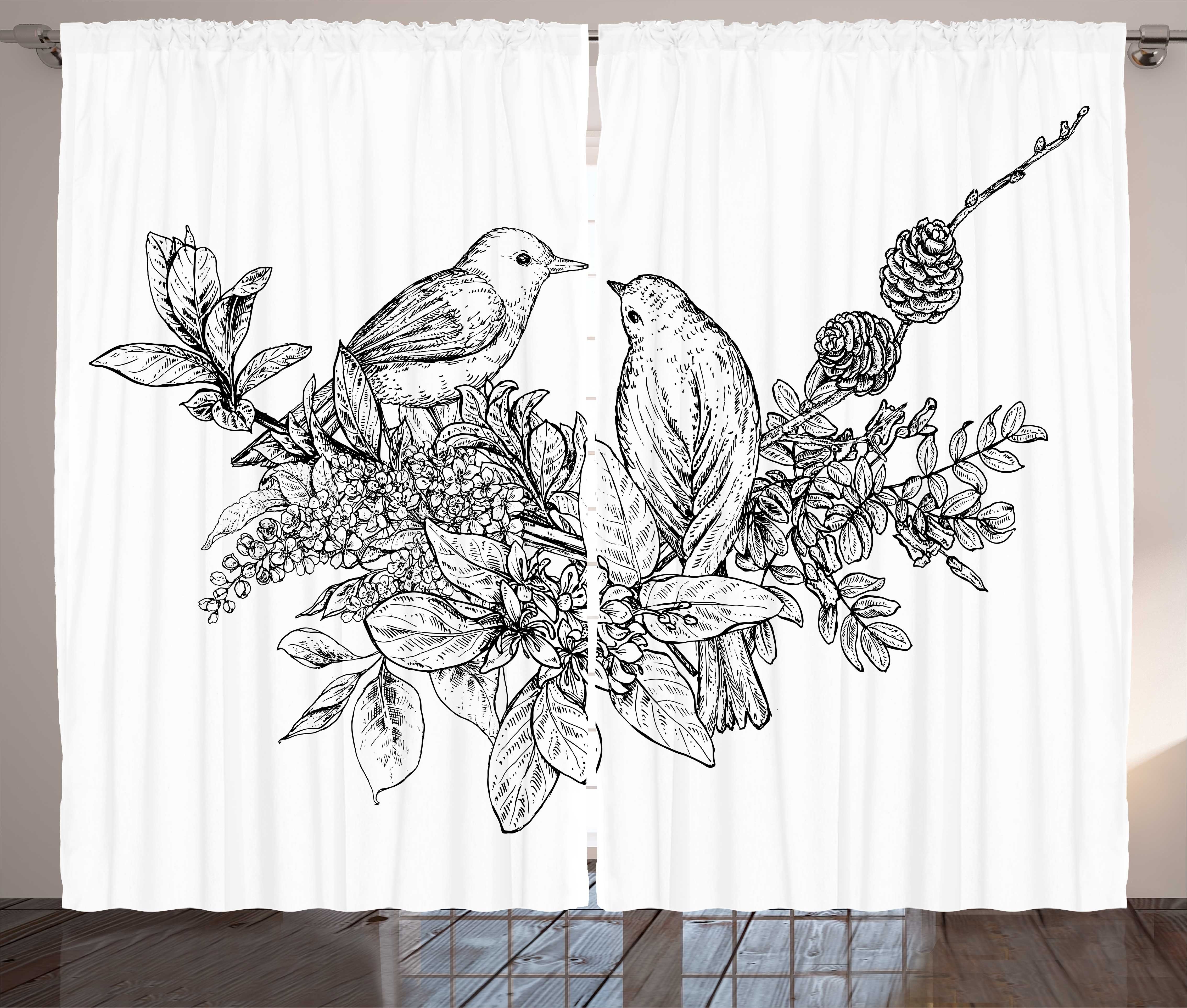 Gardine Schlafzimmer Kräuselband Vorhang mit Schlaufen und Haken, Abakuhaus, Skizzieren Blühende Zweige Blumen