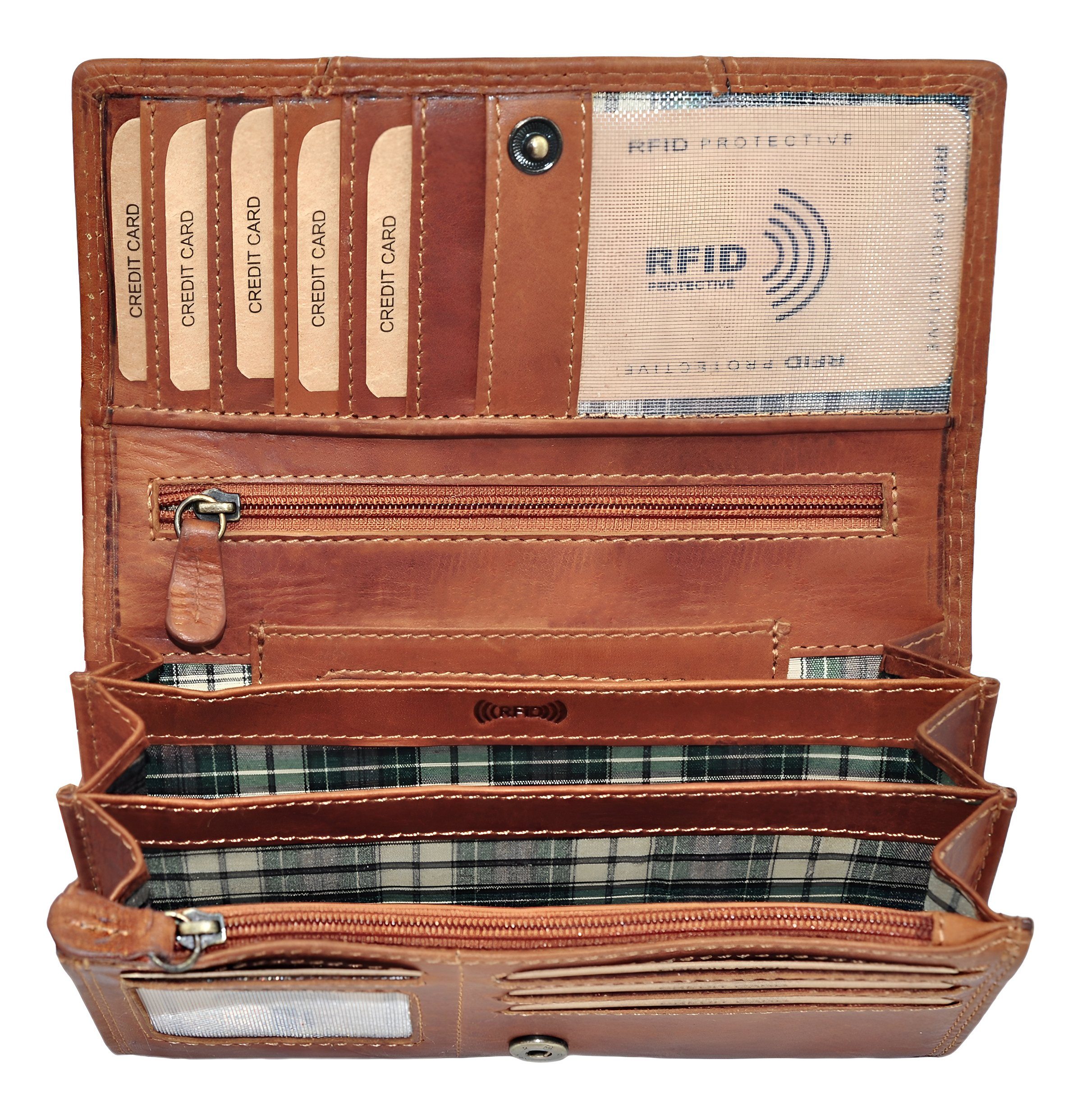 Münzfach Leder Groß, RFID-Schutz Reißverschlussfach Portemonnaie Damen Braun Geldbeutel Geldbörse Echt RFID Kartenfächer Portmonee Benthill Frauen