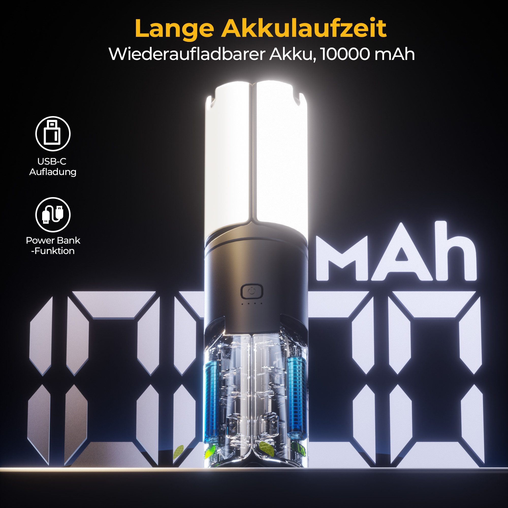 Rhein Beleuchtung LED Gartenleuchte LED Teleskop Campinglampe 10000mAh wiederaufladbar mit Powerbank, Ausziehbares Teleskop, LED fest integriert, Neutralweiß, Kaltweiß, Warmweiß, Dimmbar, magnetisch, 2400 lm, 270° verstellbar, ausziehbar