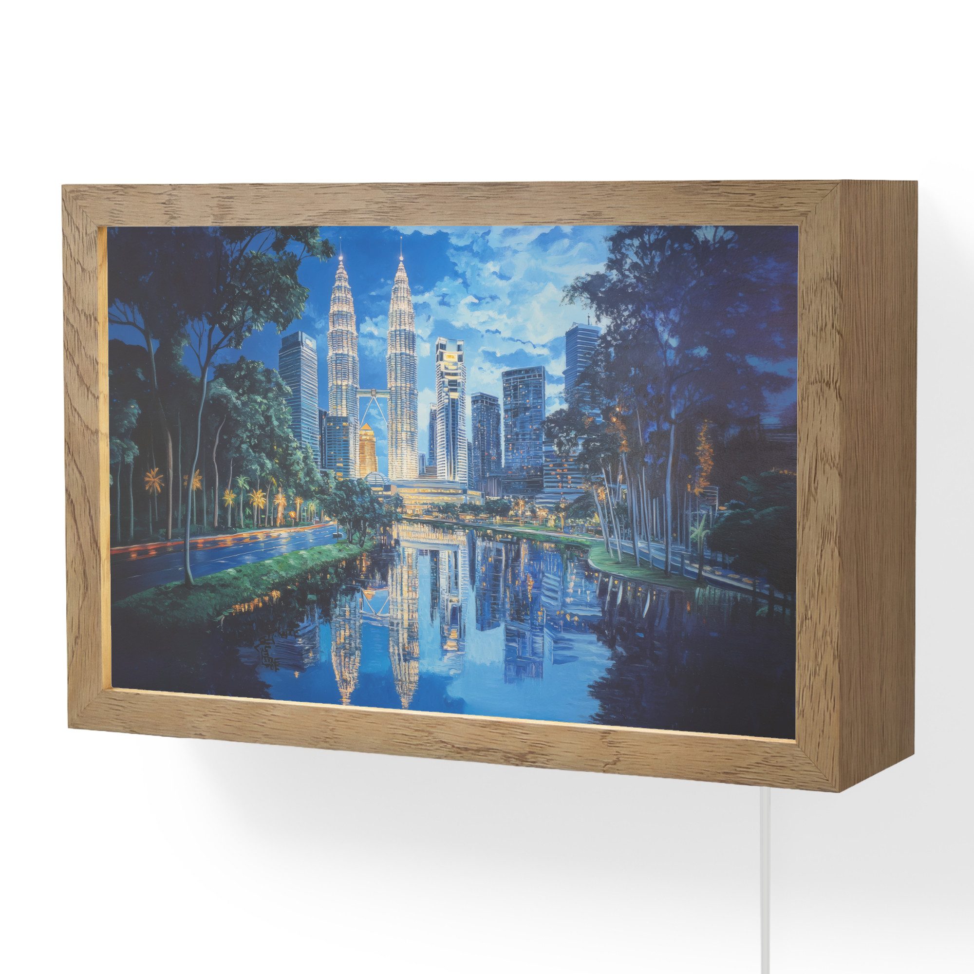 OnlyWow Wandleuchte Lightbox Stadt Kuala Lumpur - Skyline - Wolkenkratzer - Wasser, Dimmbar, Farbwechsel, LED, Warmweiß, Kaltweiß, Neutralweiß Einstellbar, Wandlampe Innen, Dimmbar, mit Kabel, LED, Modern, Schlafzimmer