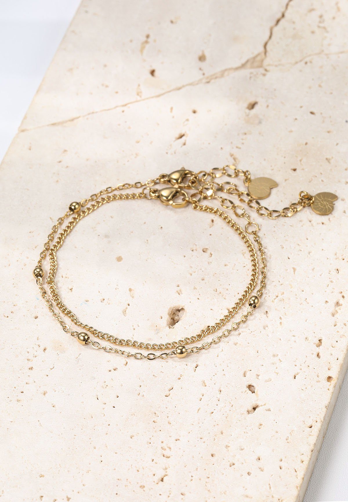 Hey Happiness Armketten Set Damen Edelstahl, 18K Gold Roségold, 2er Layer Set Kugel Rolo Kette Armband, wasserfest