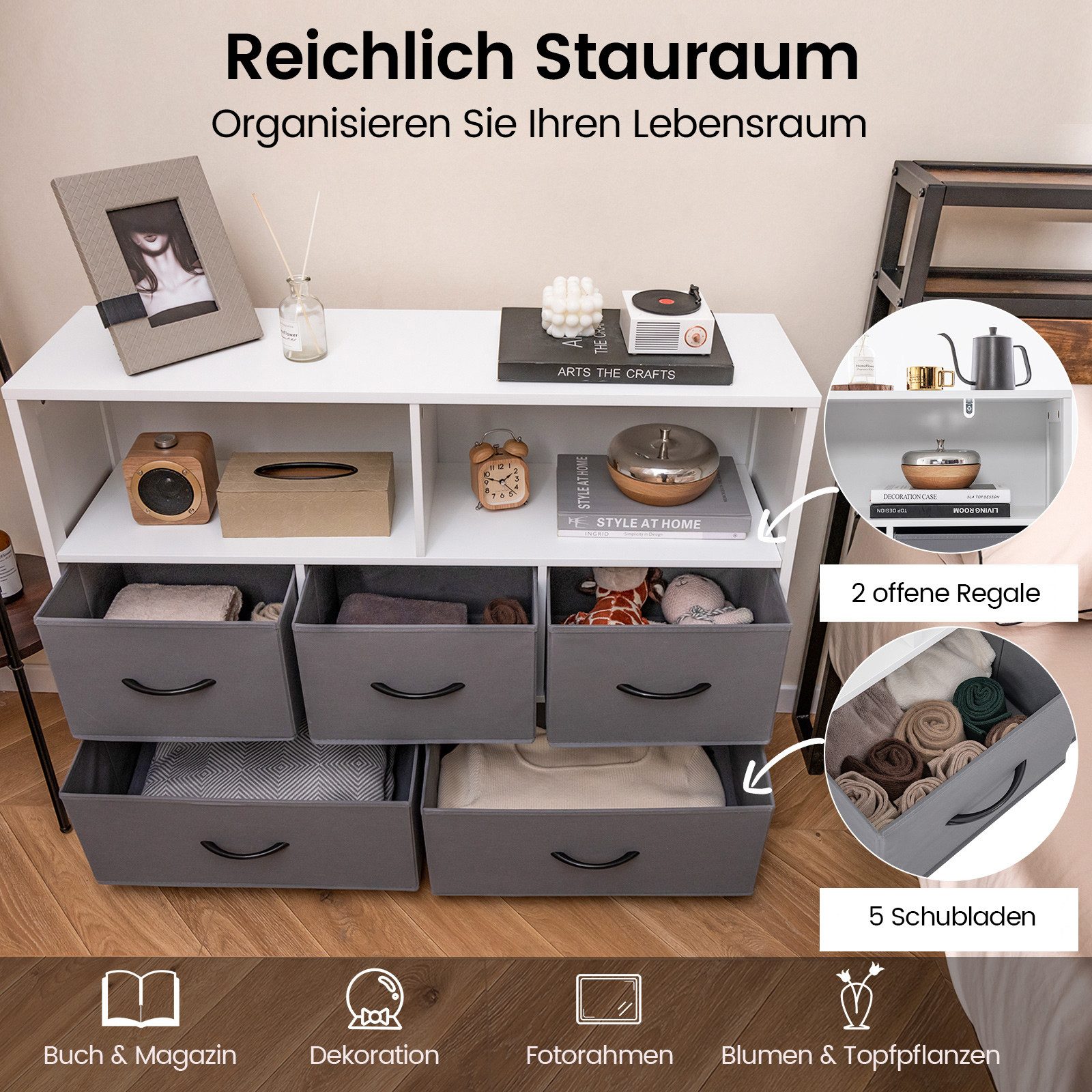 COSTWAY Sideboard, mit 5 klappbaren Schubladen & Regal, Holz, 100x30x78cm
