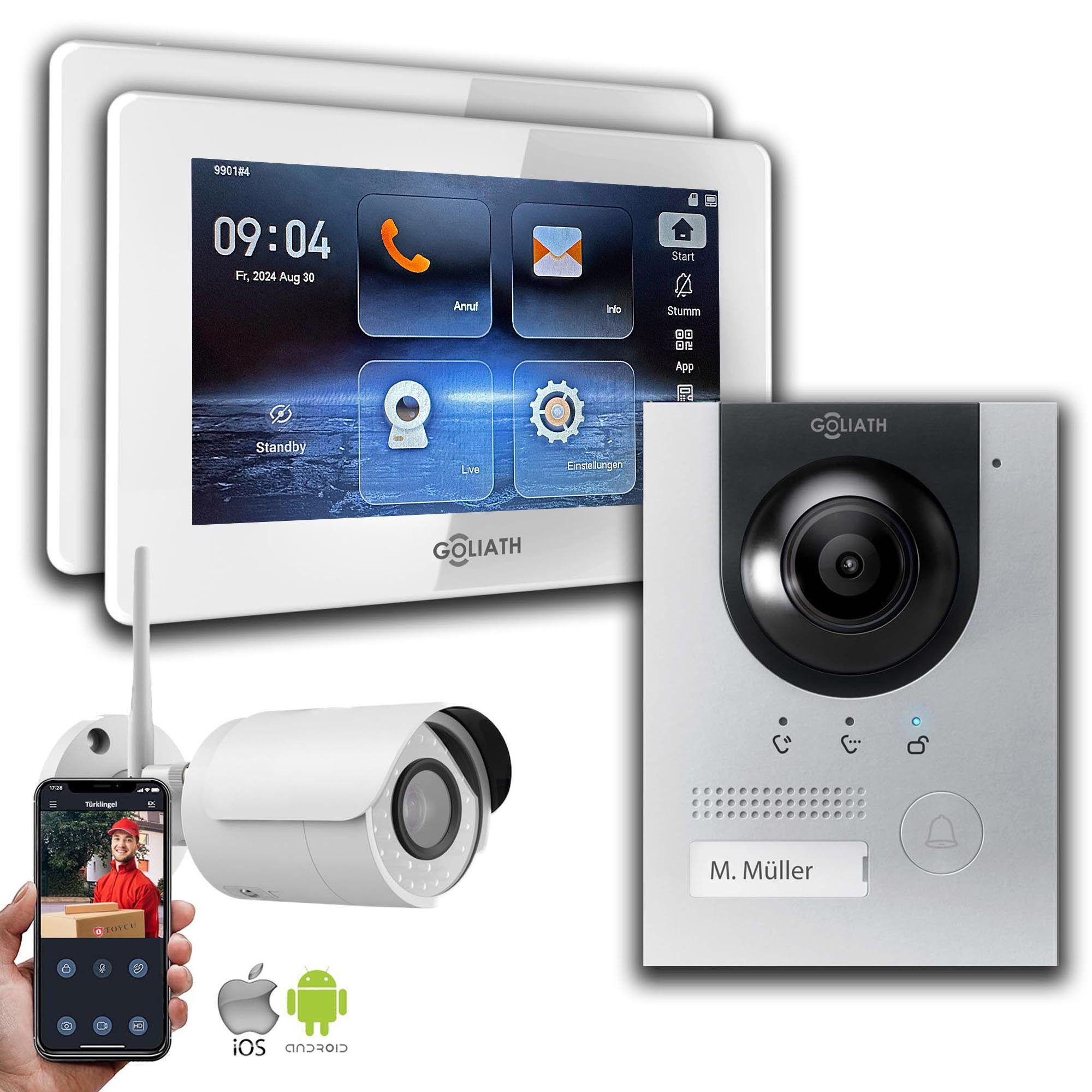 Goliath Intercom Video-Türsprechanlage Gegensprechanlage mit Kamera Goliath IP 2-Draht 2-Monitore 1-IP-Kamera (Privat oder Gewerblich)