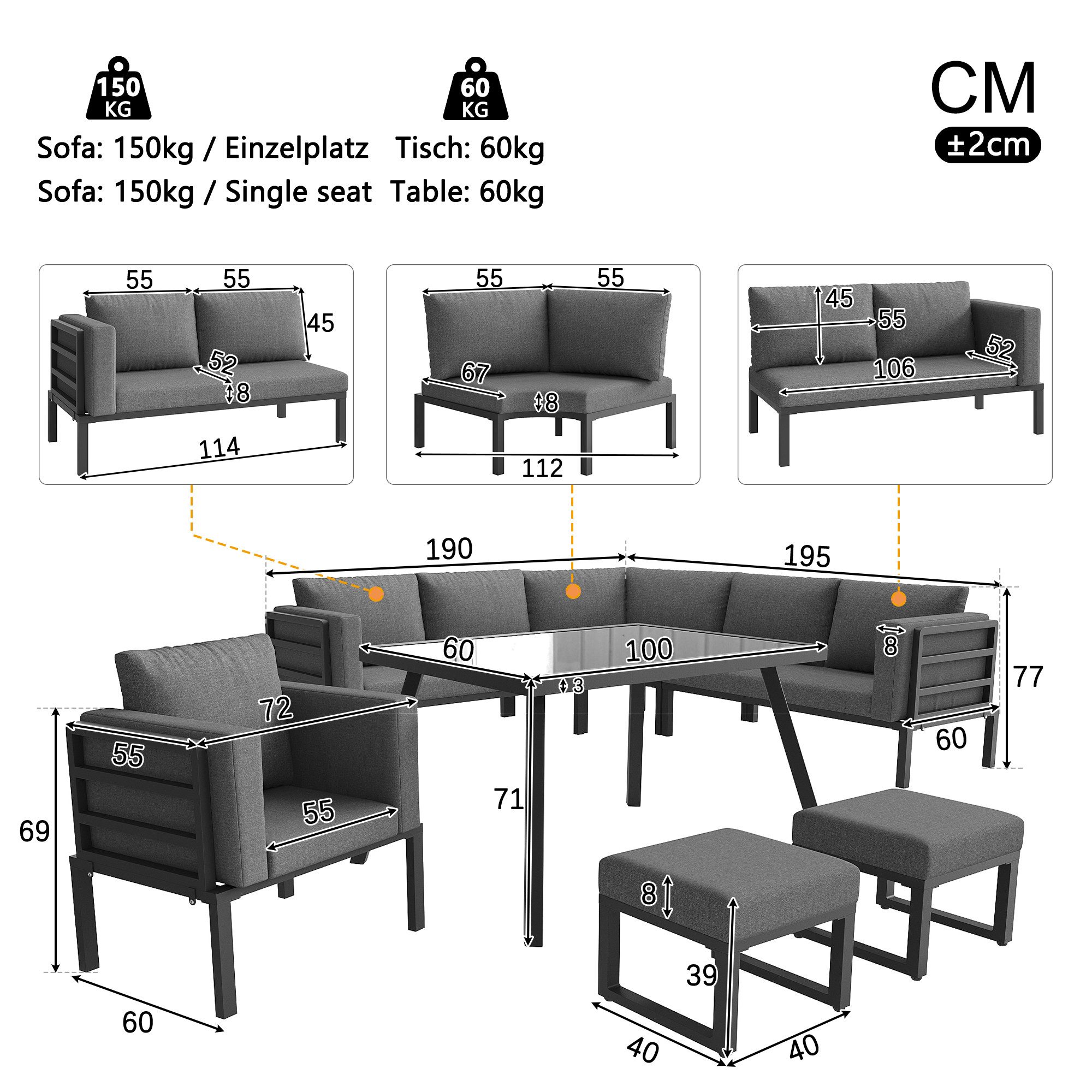 KLAM HOME Gartenlounge-Set Halbmond-Gartenlounge-Set 8 Personen, Eisengestell, graue Polster, (Wetterfeste Terrassenmöbel mit Glastisch, Sessel & 2 Hockern), Modulares Balkon-Sofa-Set, abnehmbare Bezüge