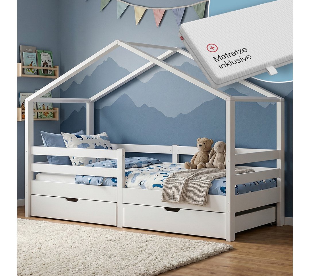 Bellabino Hausbett Abia Kinderbett mit Lattenrost und Rausfallschutz (weiß, mit Matratze und zwei Schubladen), Kinderbett 90x200 cm, verfügbar in verschiedenen Ausführungen