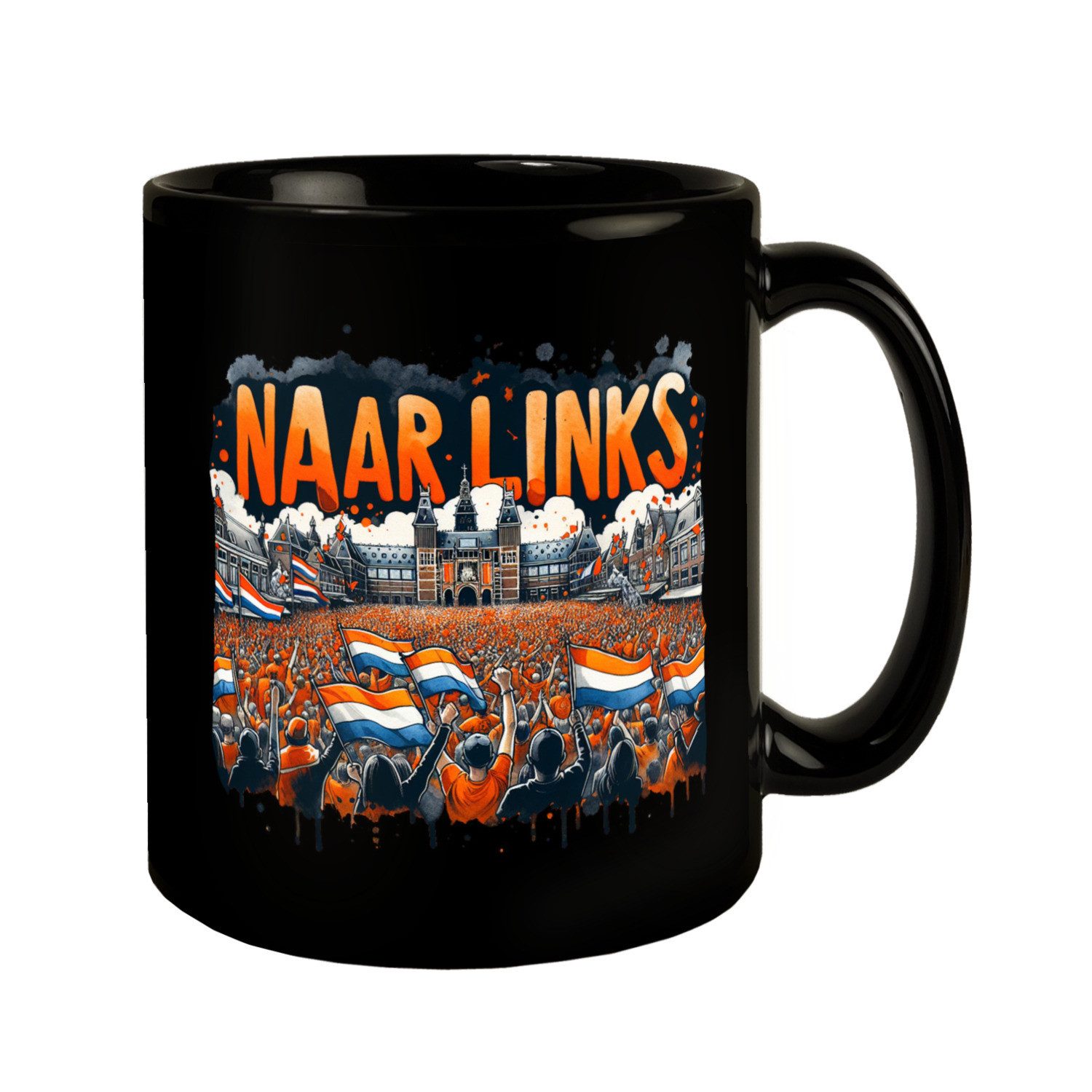 Tasse Niederländische Fußballfans Tasse in Schwarz mit Spruch Naar Links