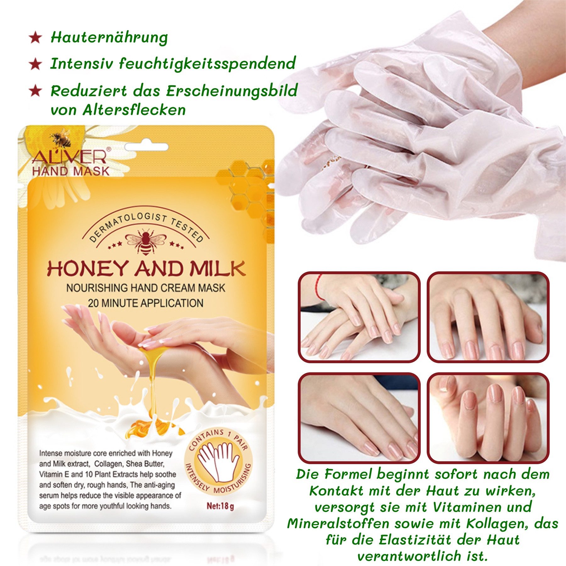 ALIVER Handcreme Pflegecreme Handmaske Honig Milchextrakt Aliver, 5-tlg.