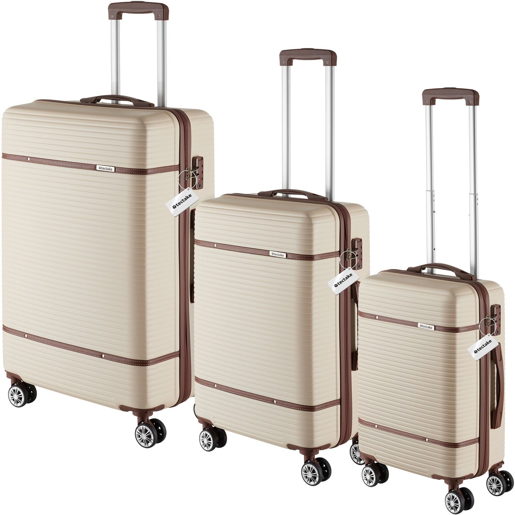 tectake Trolley Hartschalenkoffer-Set 13-tlg. ABS-Kunststoff, inkl. Kofferwaage, 4 Rollen, TSA-Sicherheitszahlenschloss, 360° drehbare, abnehmbare Doppelrollen