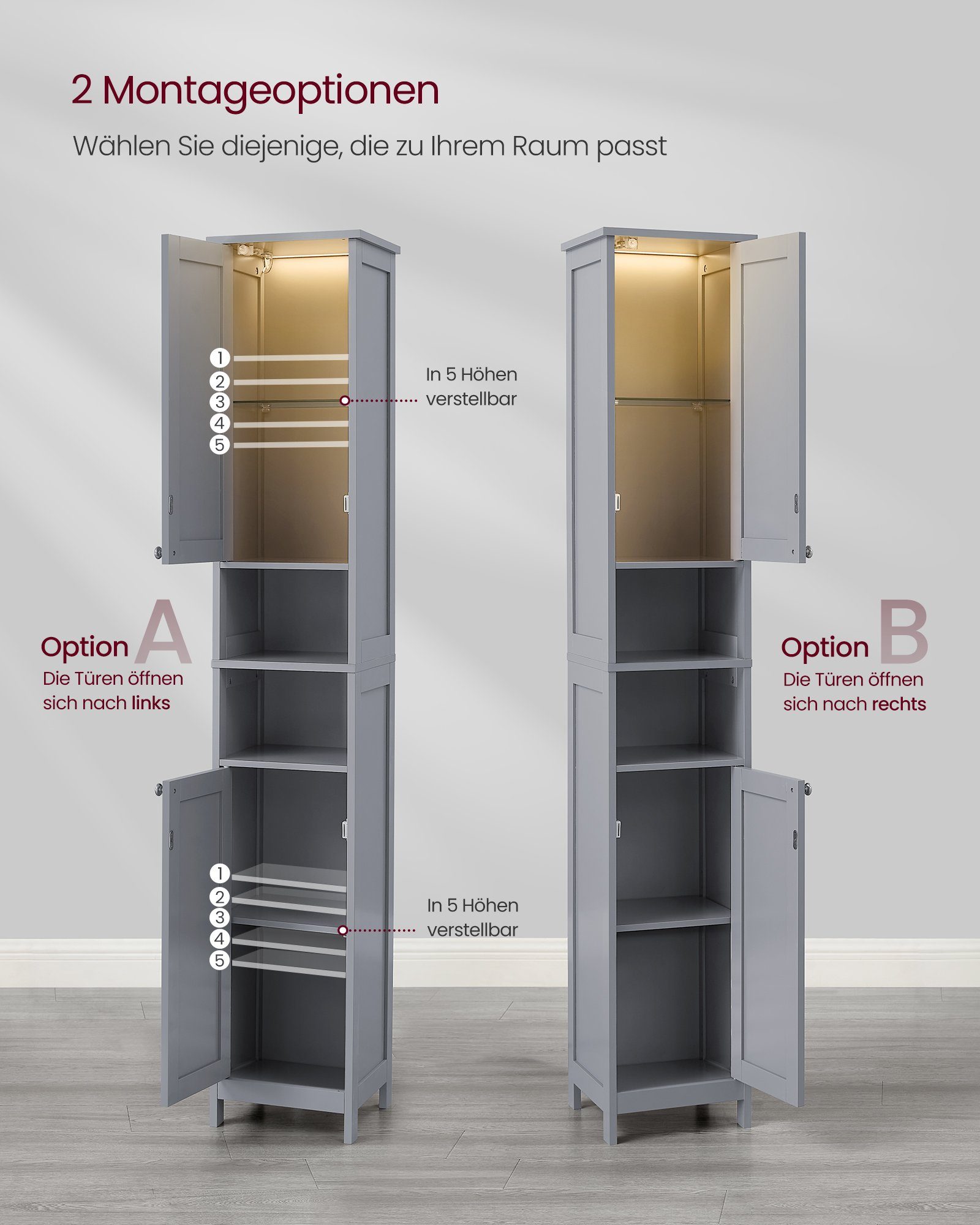 VASAGLE Badkommode Badezimmerschrank schlanker Badschrank mit Beleuchtung, 30 cm breit, mit verstellbaren Ablagen, modern, hoch, für kleine Räume – Bild 5 von 5