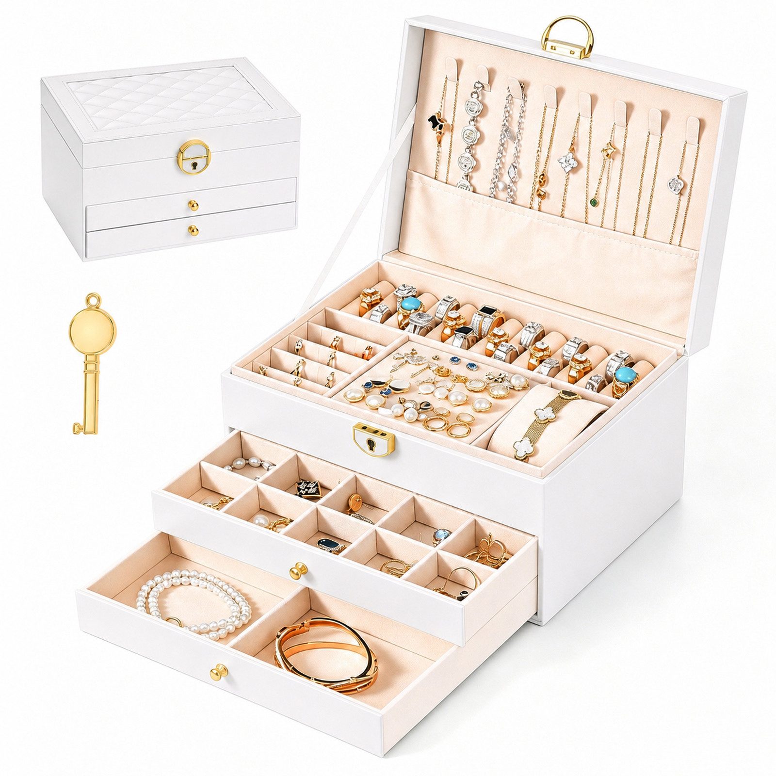 BlingBin Schmuckkasten Schmuckkästchen 3 Ebenen, Schmuckaufbewahrung mit 2 Schubladen (1er Set, 1 St., Schmuckschatulle, abschließbar, weiß), Schmuck Organizer mit Kettenhaken Ringrollen Ohrringfach Uhrenfach