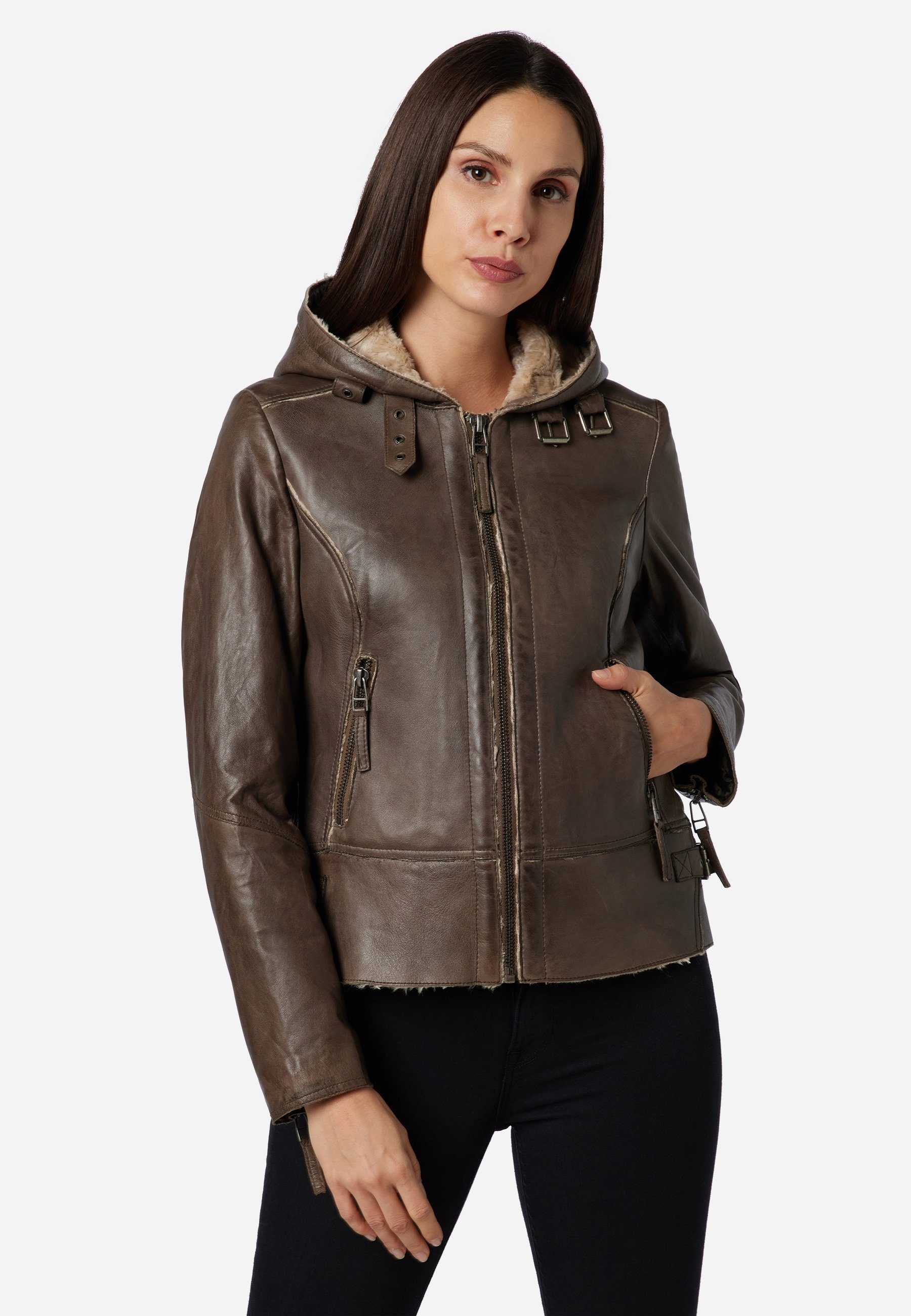 RICANO Lederjacke Jule Lederjacke im Biker-Stil mit Fellfütterung günstig online kaufen