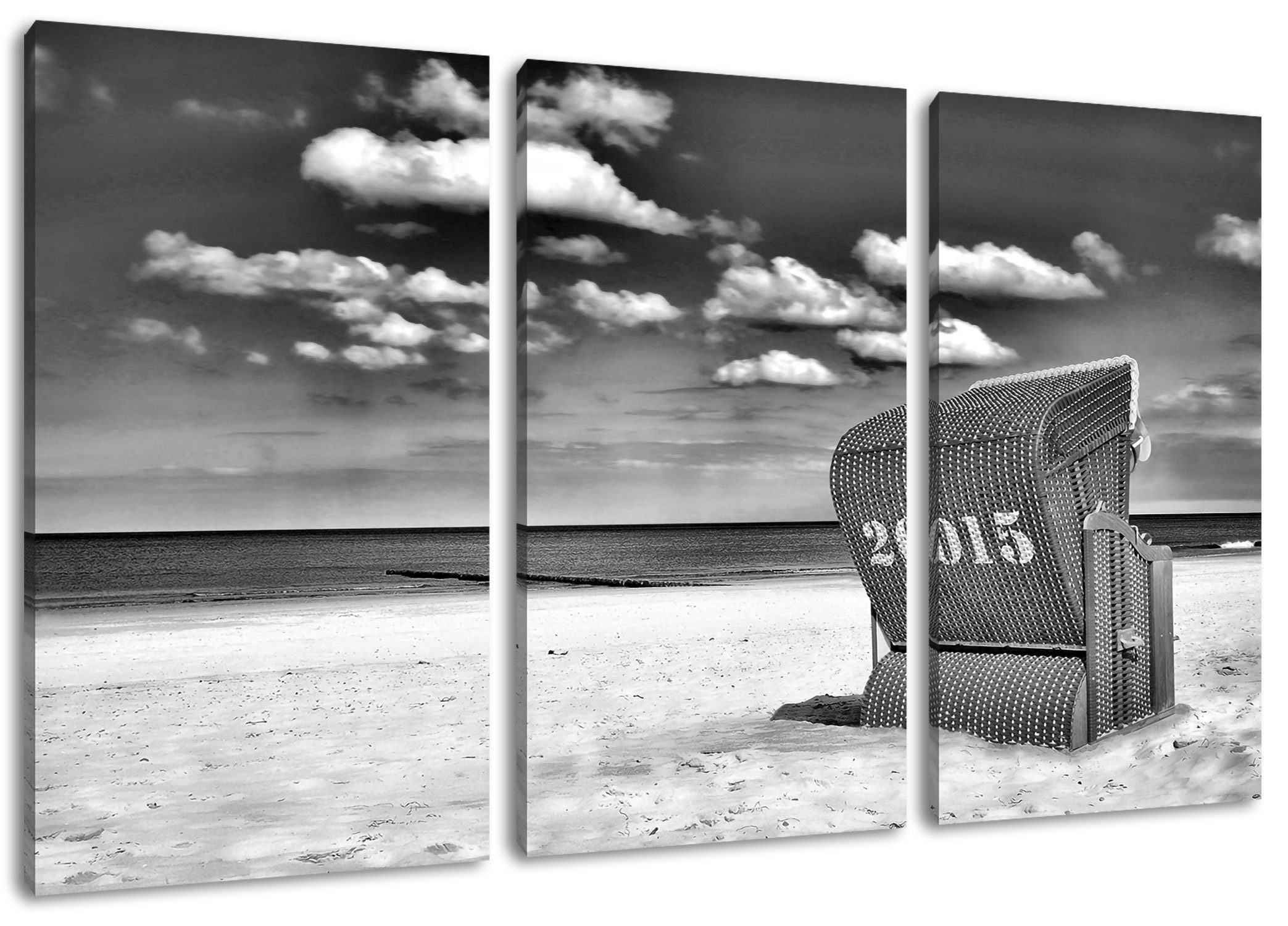 (1 Zackenaufhänger Strandkorb Strandkorb 3Teiler Pixxprint an fertig Leinwandbild der Leinwandbild St), an (120x80cm) der Nordsee, inkl. Nordsee bespannt,